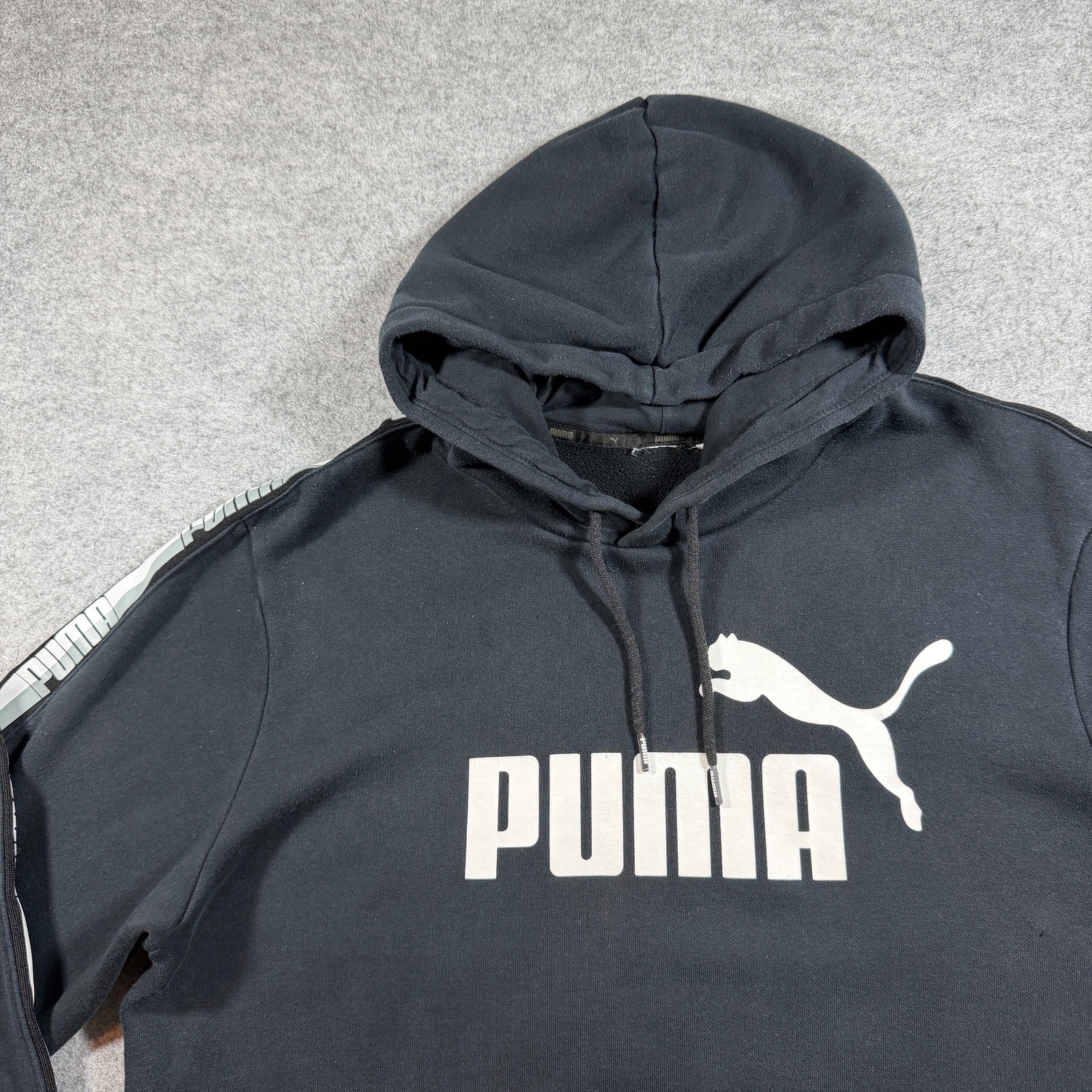 Puma Essentials Hoodie Mens L Black Fleece Taped Logo Sleeve Stripes Streetwear thumbnail 3
