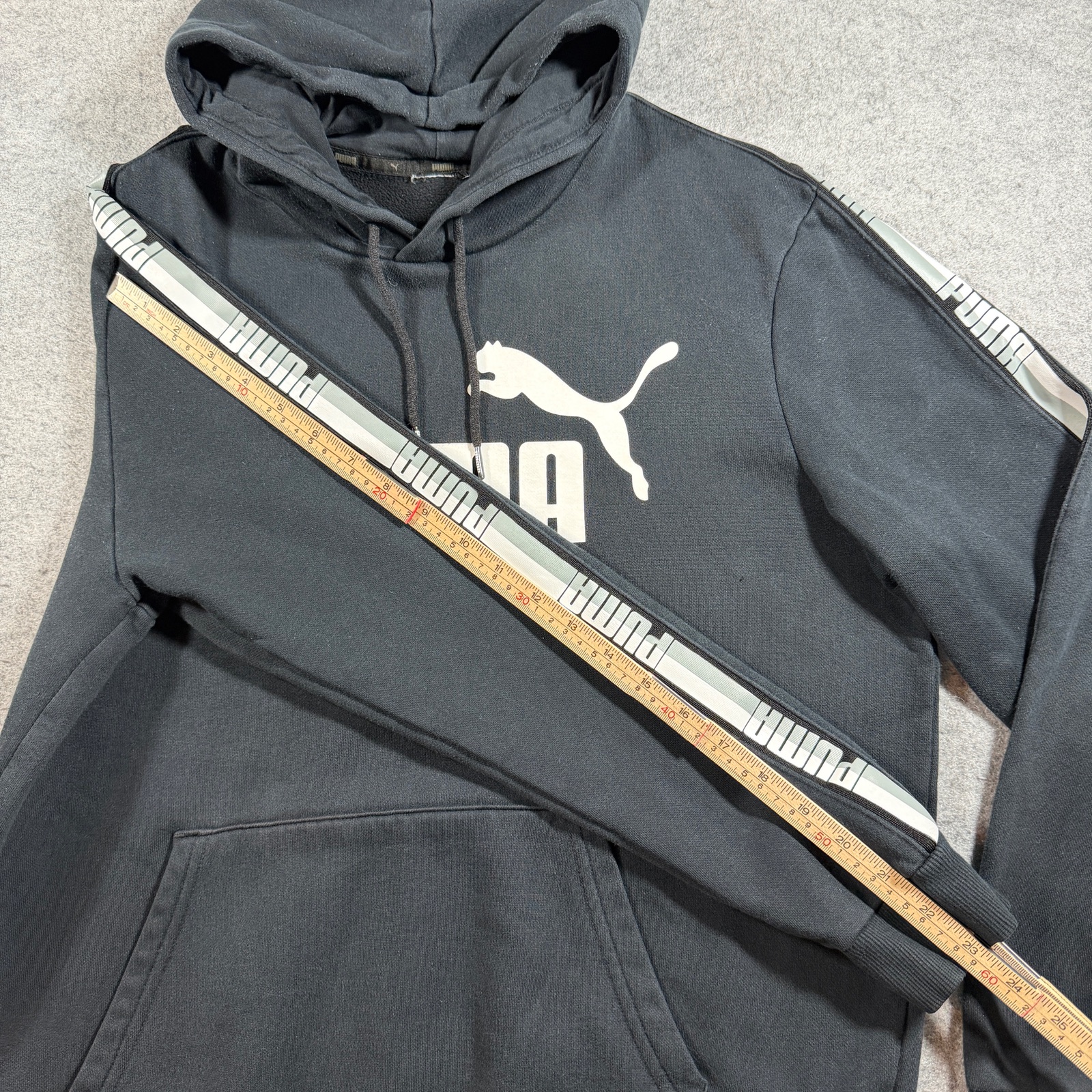 Puma Essentials Hoodie Mens L Black Fleece Taped Logo Sleeve Stripes Streetwear thumbnail 8