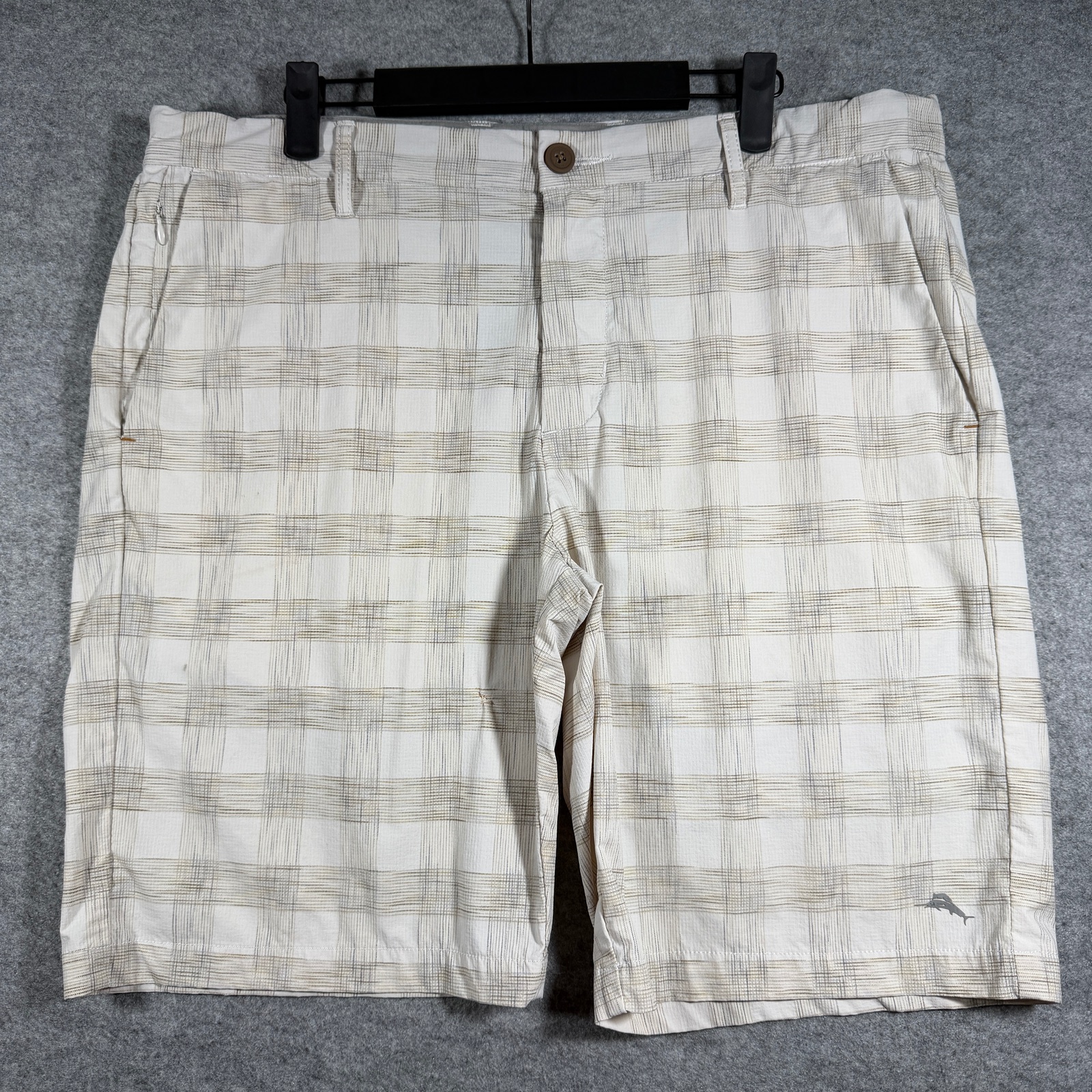 Tommy Bahama Golf Shorts Mens 36 Cream Plaid Flat Front Preppy Zip Pockets