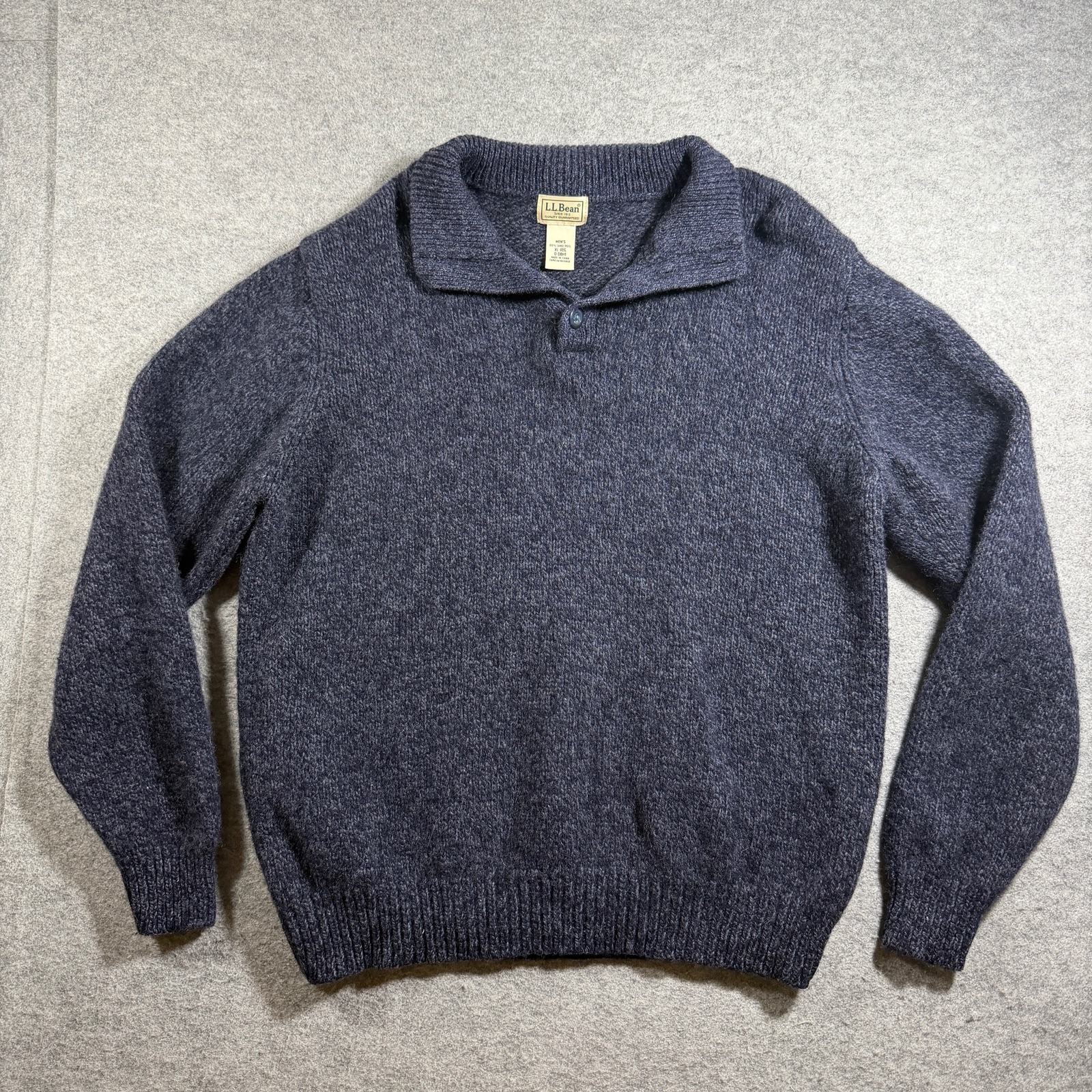 L.L.Bean Lambs Wool Sweater Mens XL Navy Heather Button Johnny Collar Preppy