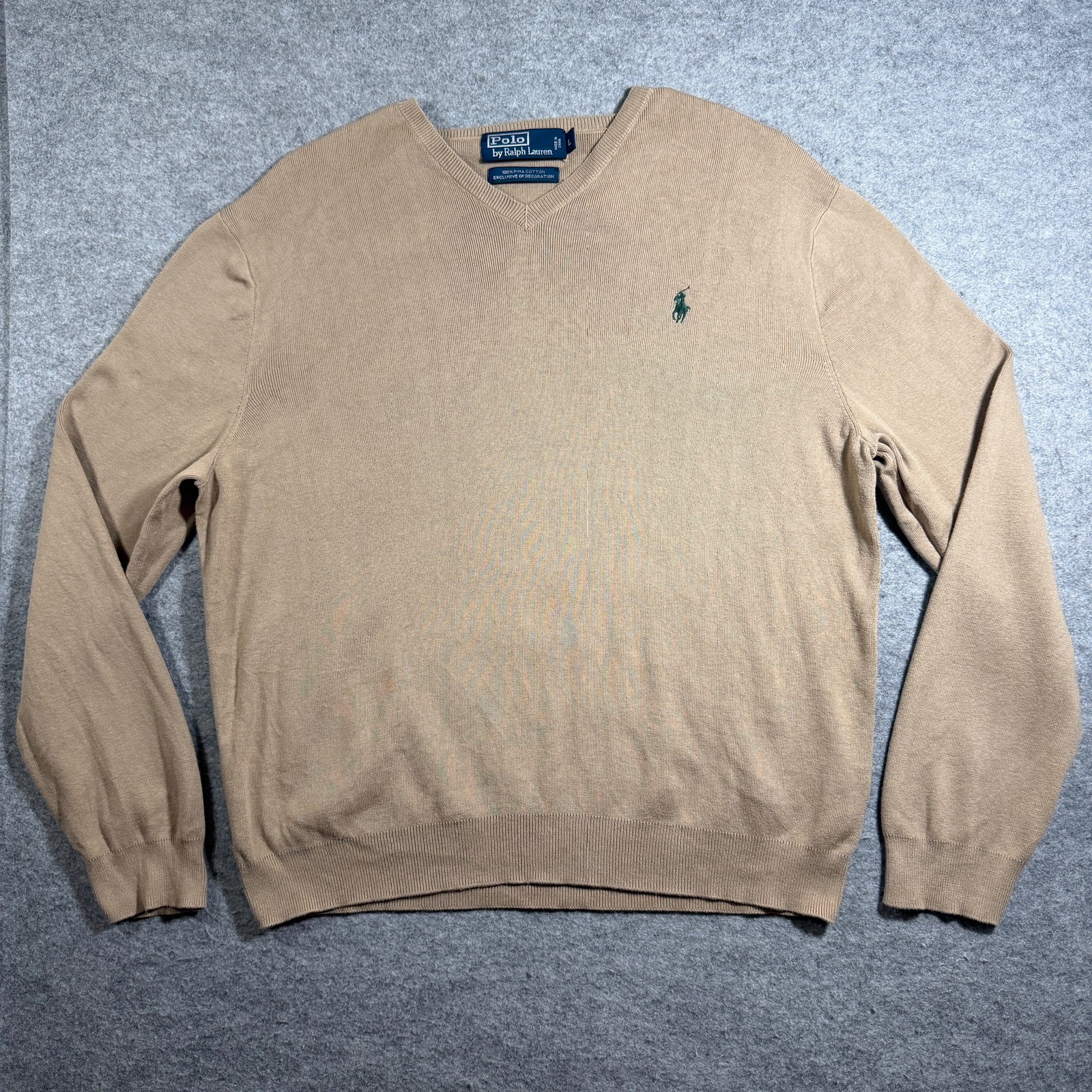 Vintage 90s Polo Ralph Lauren Pima Cotton Sweater Mens L Tan V-Neck Preppy Knit
