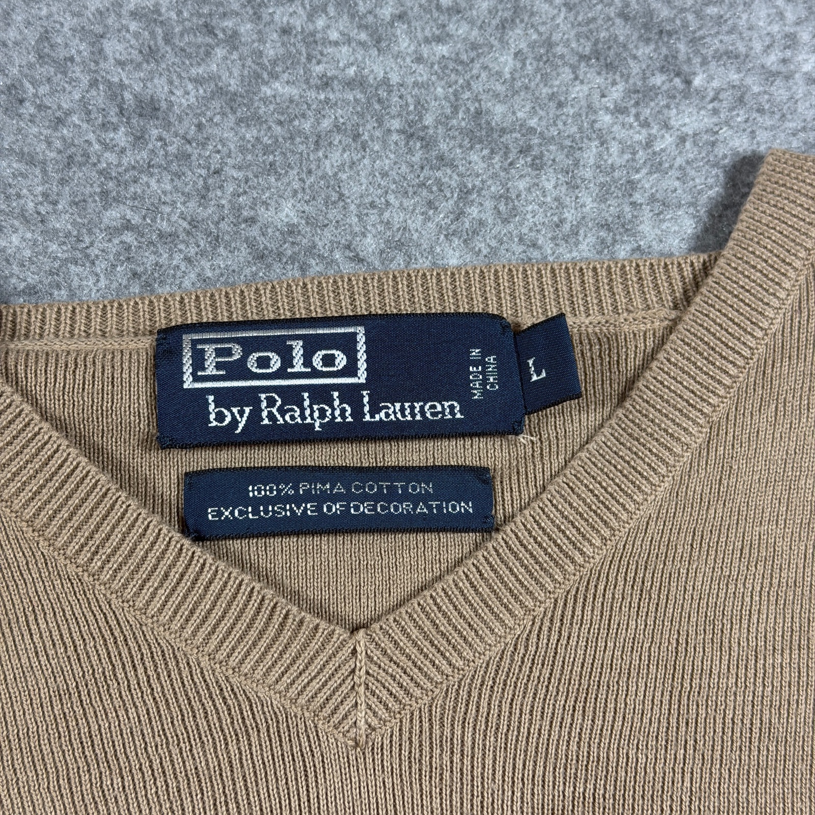 Vintage 90s Polo Ralph Lauren Pima Cotton Sweater Mens L Tan V-Neck Preppy Knit thumbnail 3