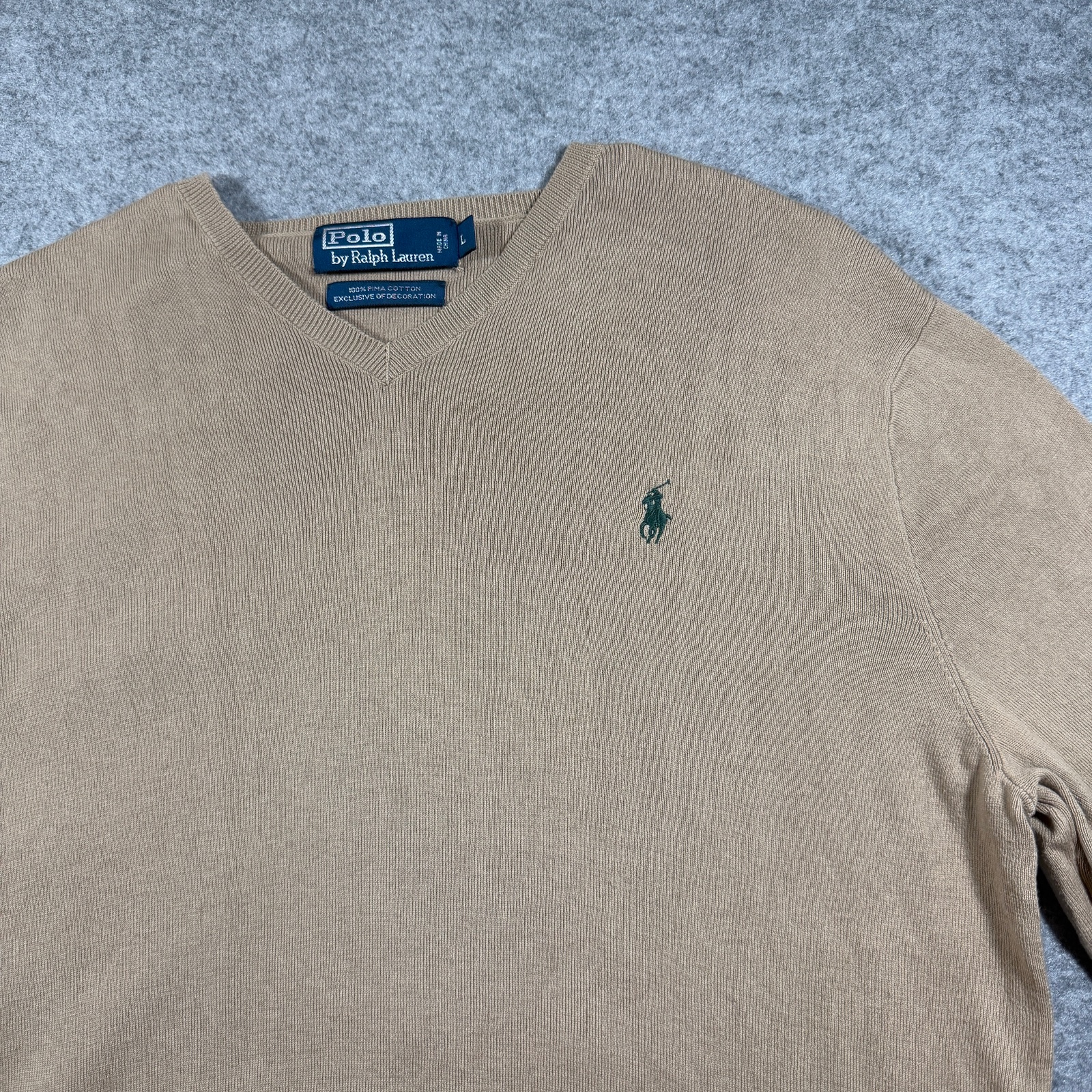 Vintage 90s Polo Ralph Lauren Pima Cotton Sweater Mens L Tan V-Neck Preppy Knit thumbnail 4