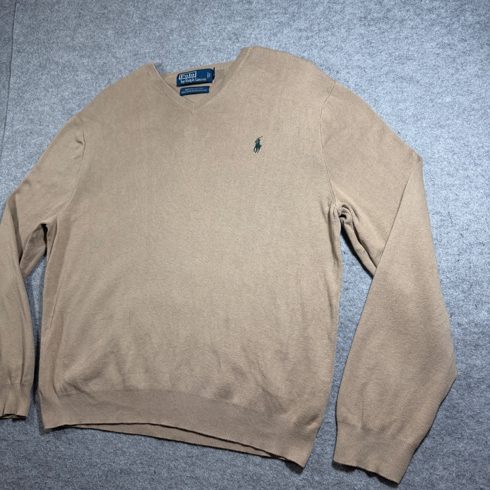 Vintage 90s Polo Ralph Lauren Pima Cotton Sweater Mens L Tan V-Neck Preppy Knit thumbnail 9