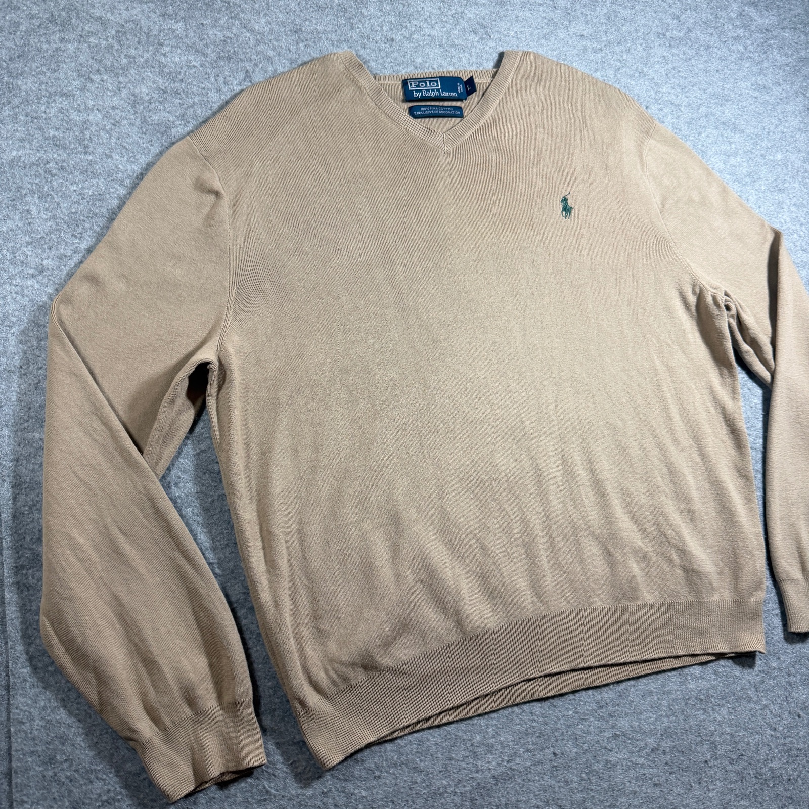 Vintage 90s Polo Ralph Lauren Pima Cotton Sweater Mens L Tan V-Neck Preppy Knit thumbnail 10