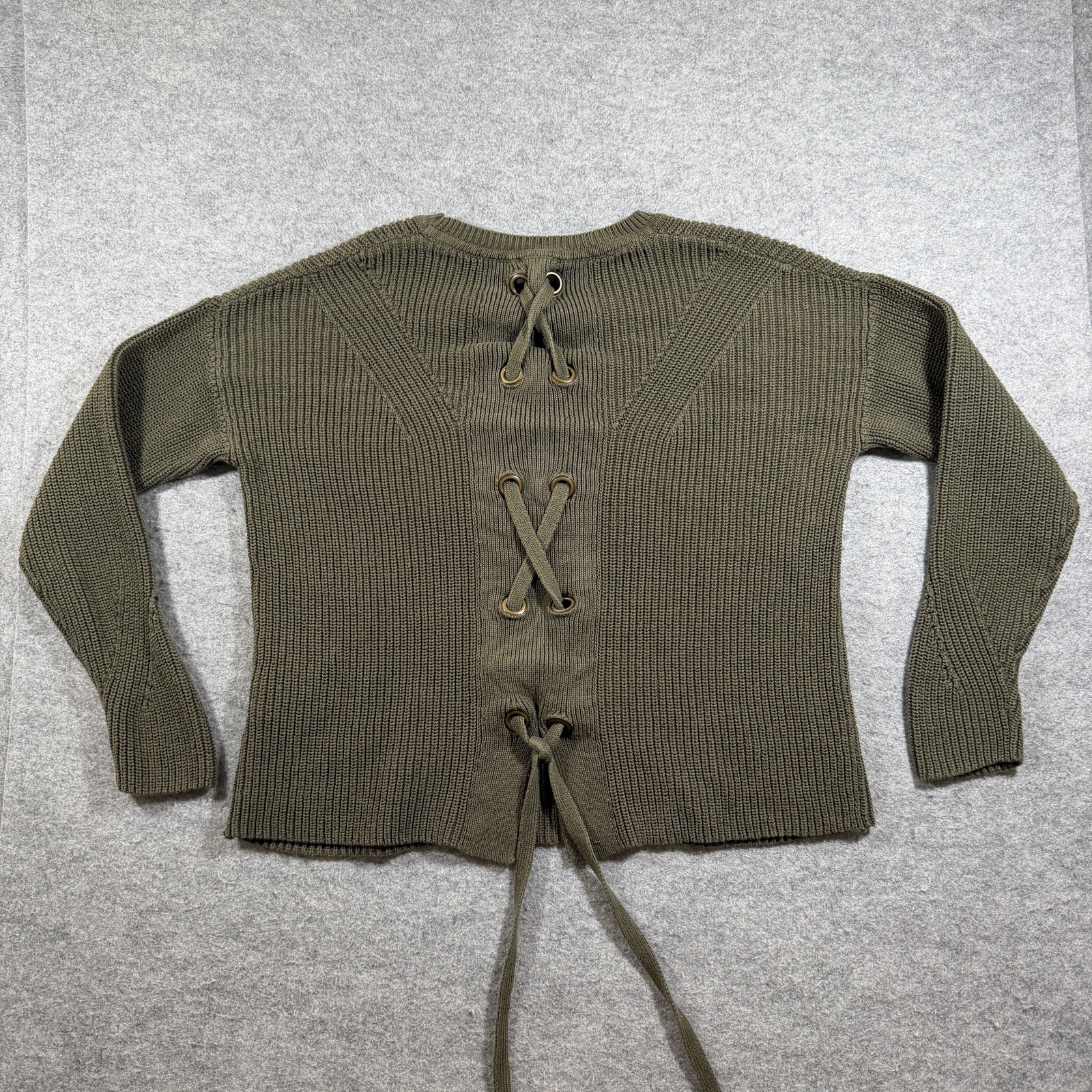 Lucky Brand Sweater Womens M Olive Green Corset Lace Up Back Ribbed Knit Crop thumbnail 2
