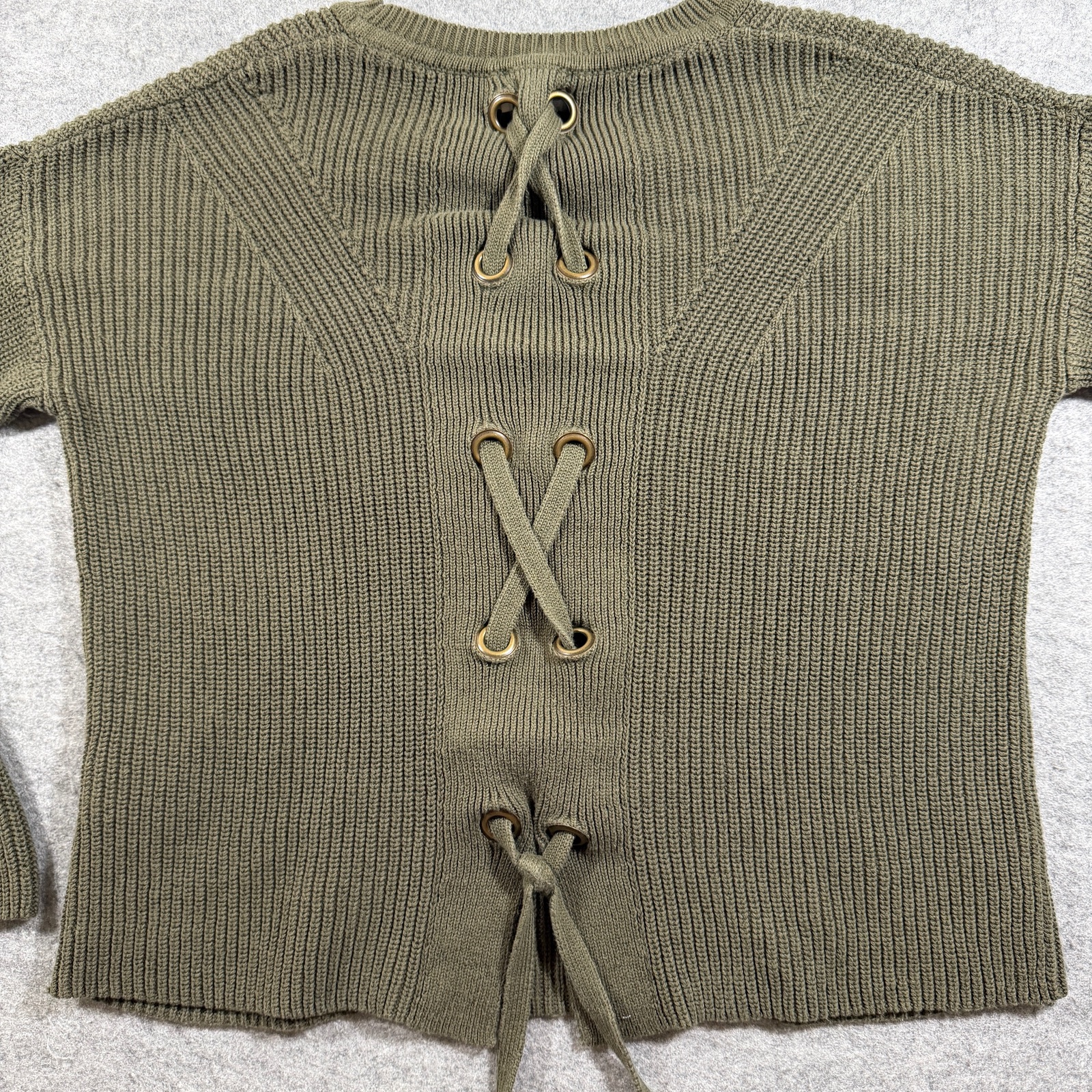 Lucky Brand Sweater Womens M Olive Green Corset Lace Up Back Ribbed Knit Crop thumbnail 5