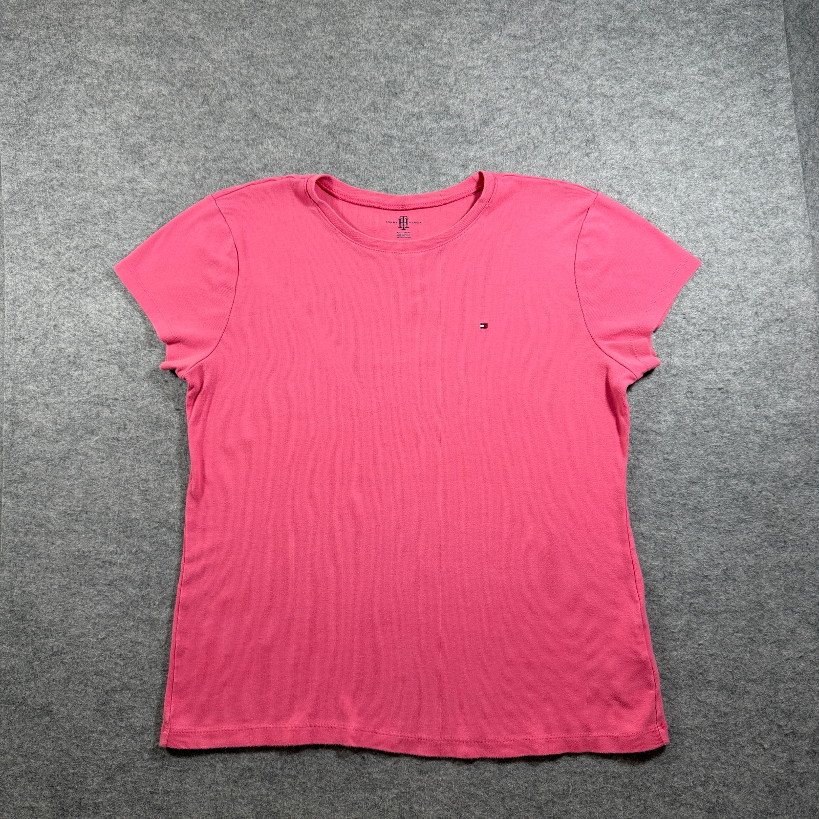 Tommy Hilfiger T Shirt Womens XXL Pink Embroidered Flag Logo Crew Neck Ribbed