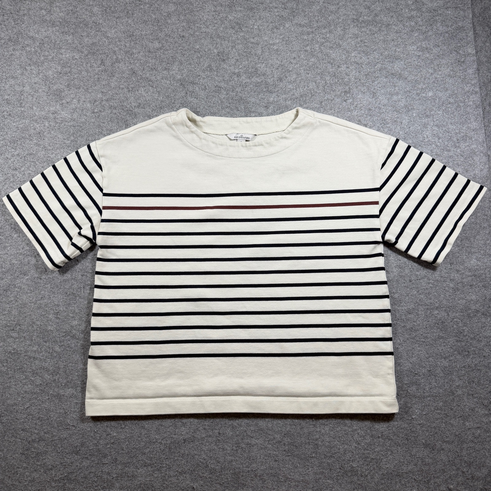 L.L.Bean Breton Stripe T Shirt Womens S Cream Navy Red Boxy Crop Crewneck Preppy