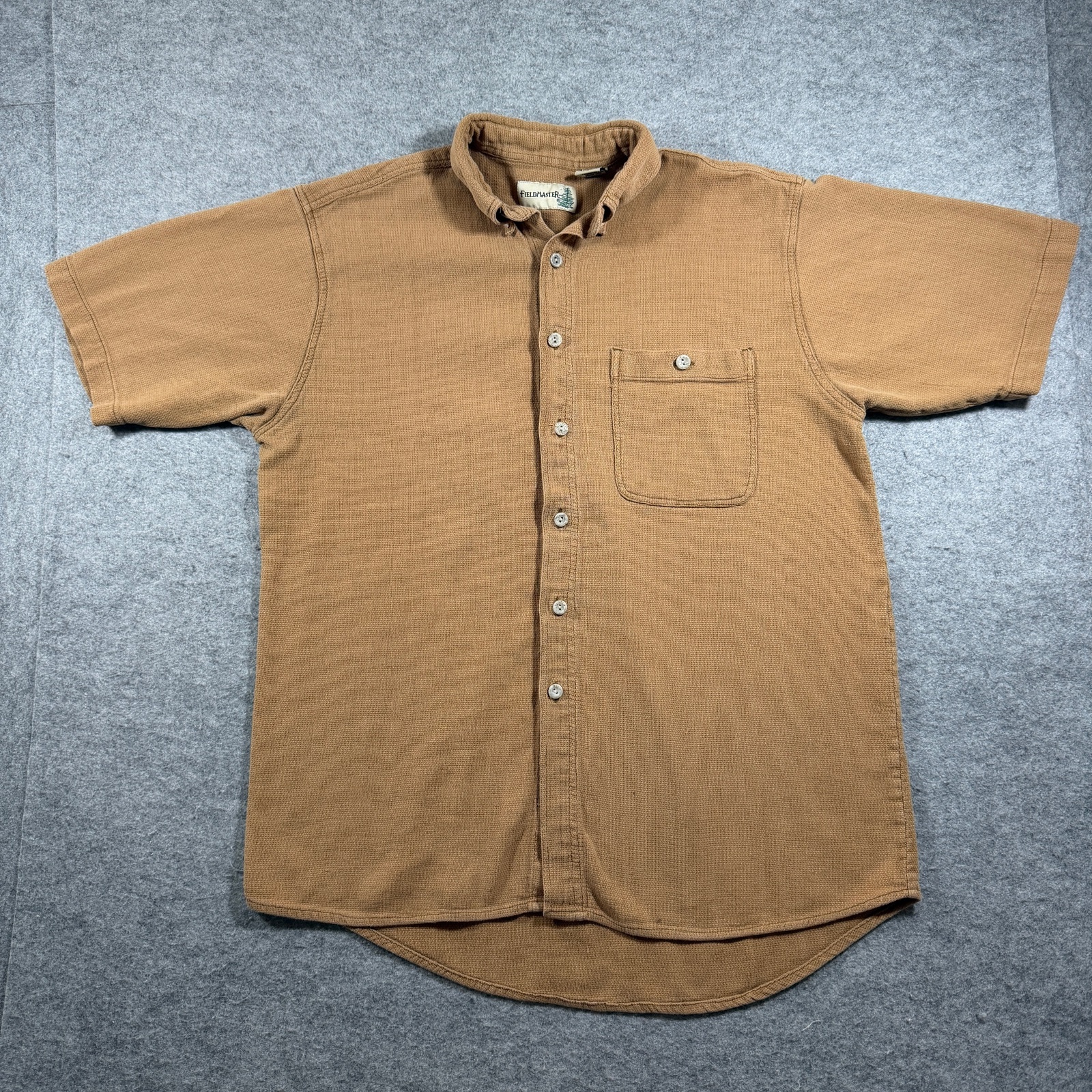 FieldMaster Vintage Textured Knit Shirt Mens M Tan Short Sleeve Button Up Pocket
