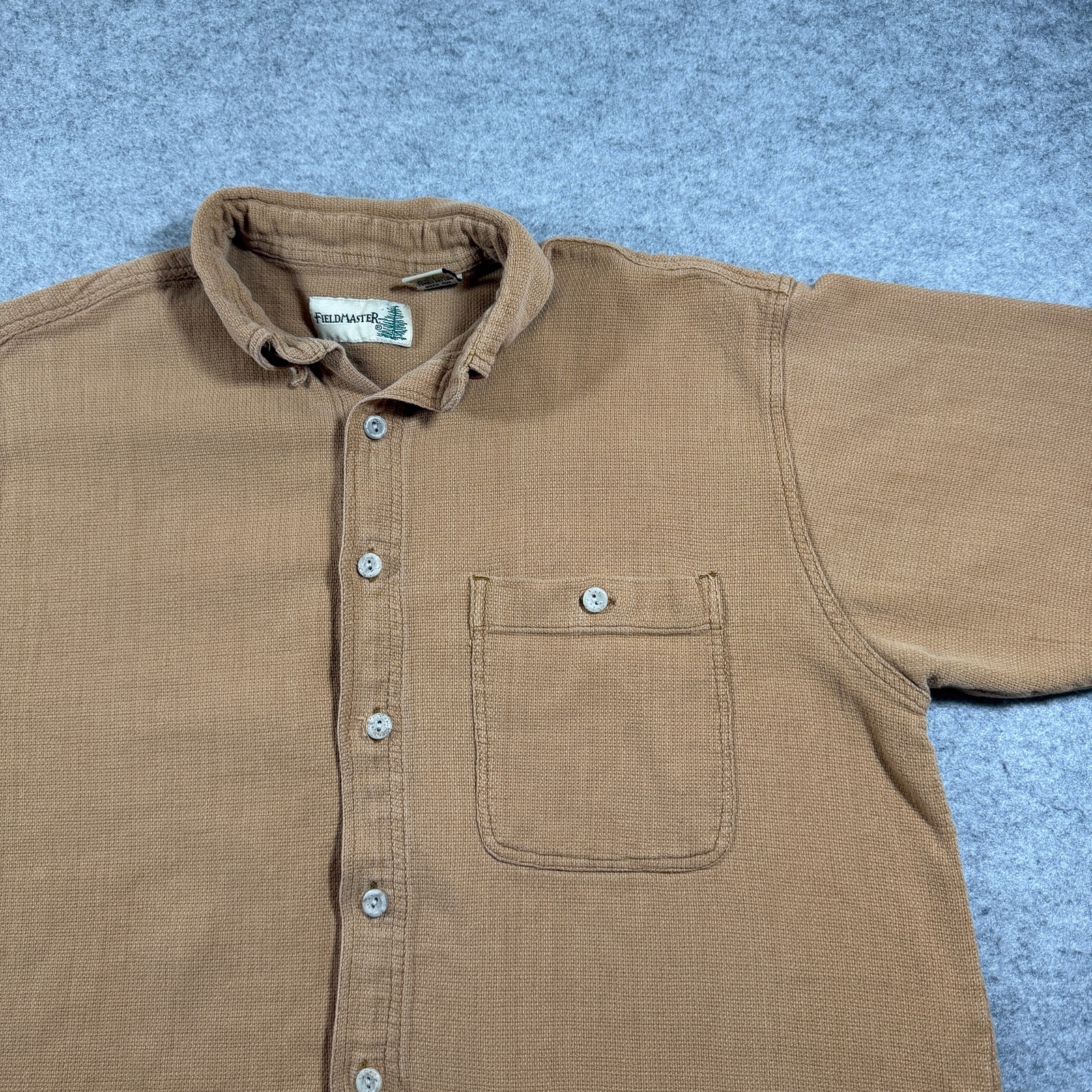 FieldMaster Vintage Textured Knit Shirt Mens M Tan Short Sleeve Button Up Pocket thumbnail 5