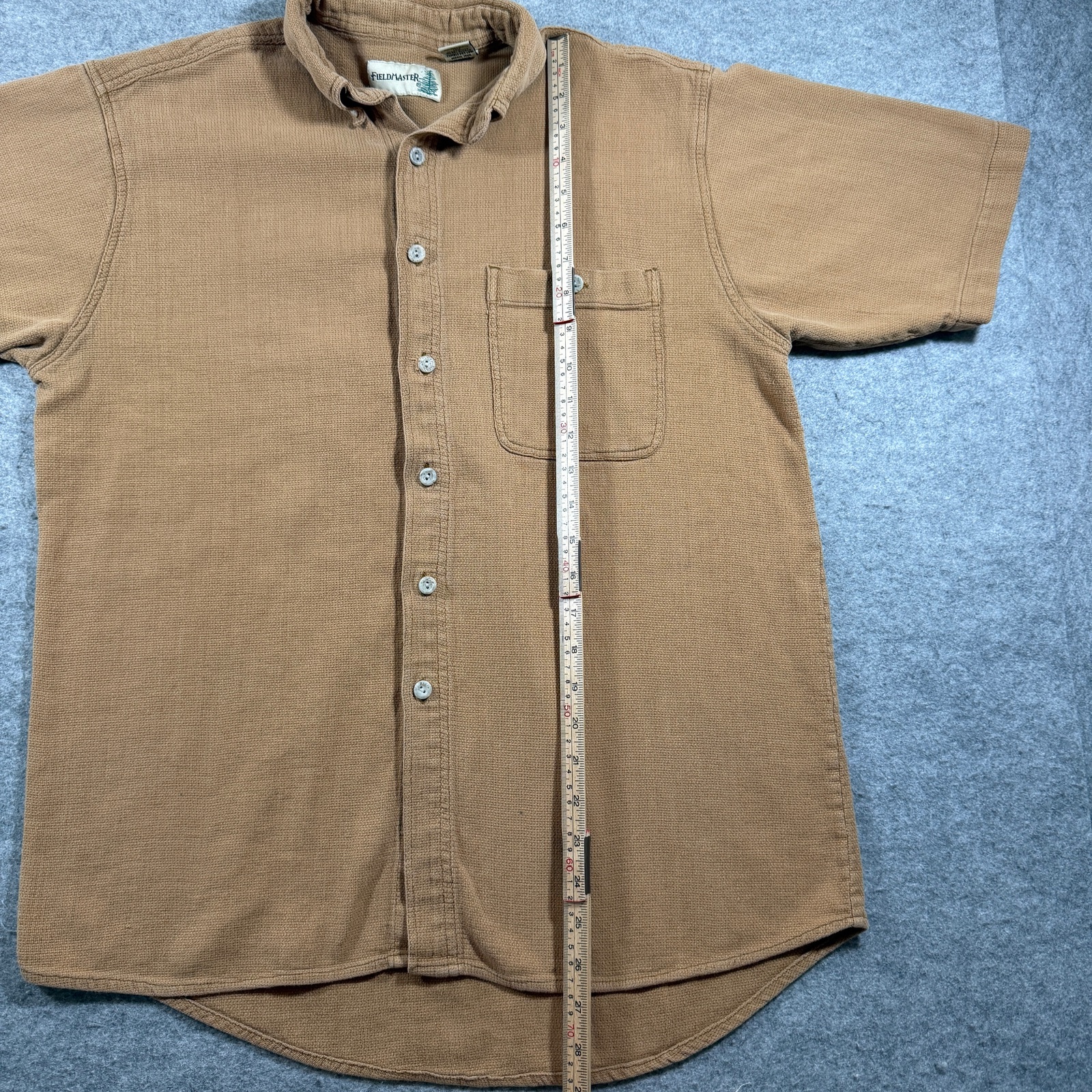 FieldMaster Vintage Textured Knit Shirt Mens M Tan Short Sleeve Button Up Pocket thumbnail 6