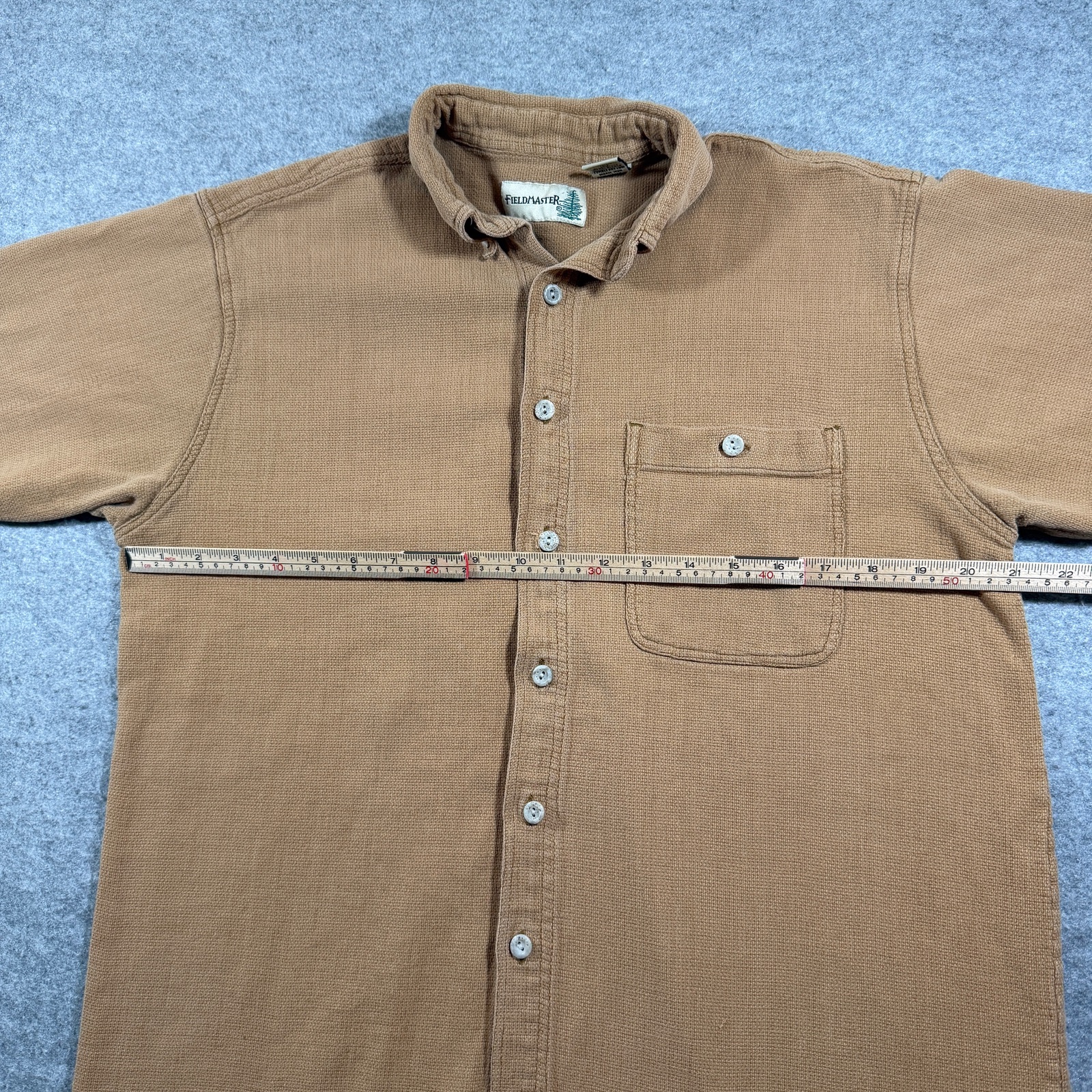 FieldMaster Vintage Textured Knit Shirt Mens M Tan Short Sleeve Button Up Pocket thumbnail 7