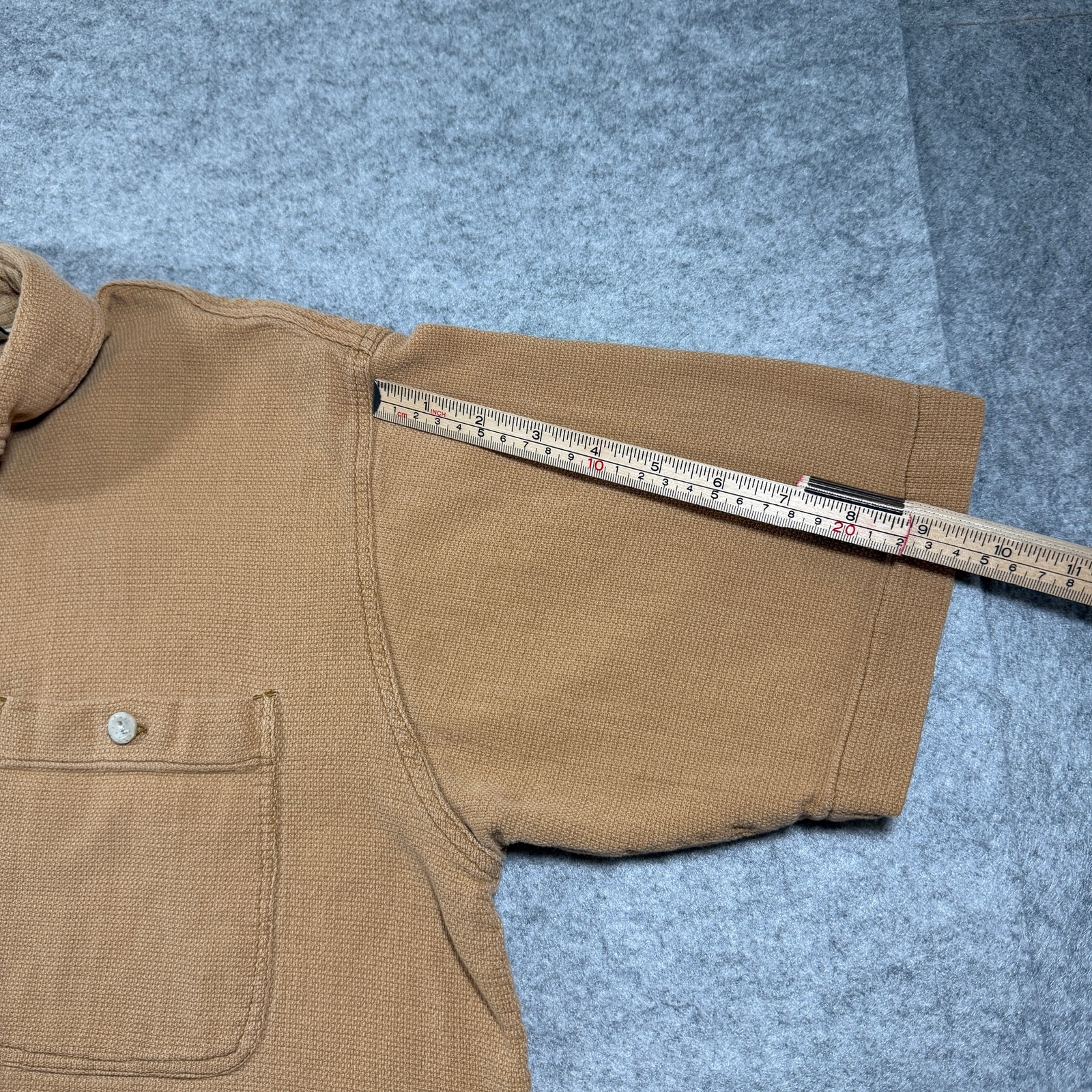 FieldMaster Vintage Textured Knit Shirt Mens M Tan Short Sleeve Button Up Pocket thumbnail 8