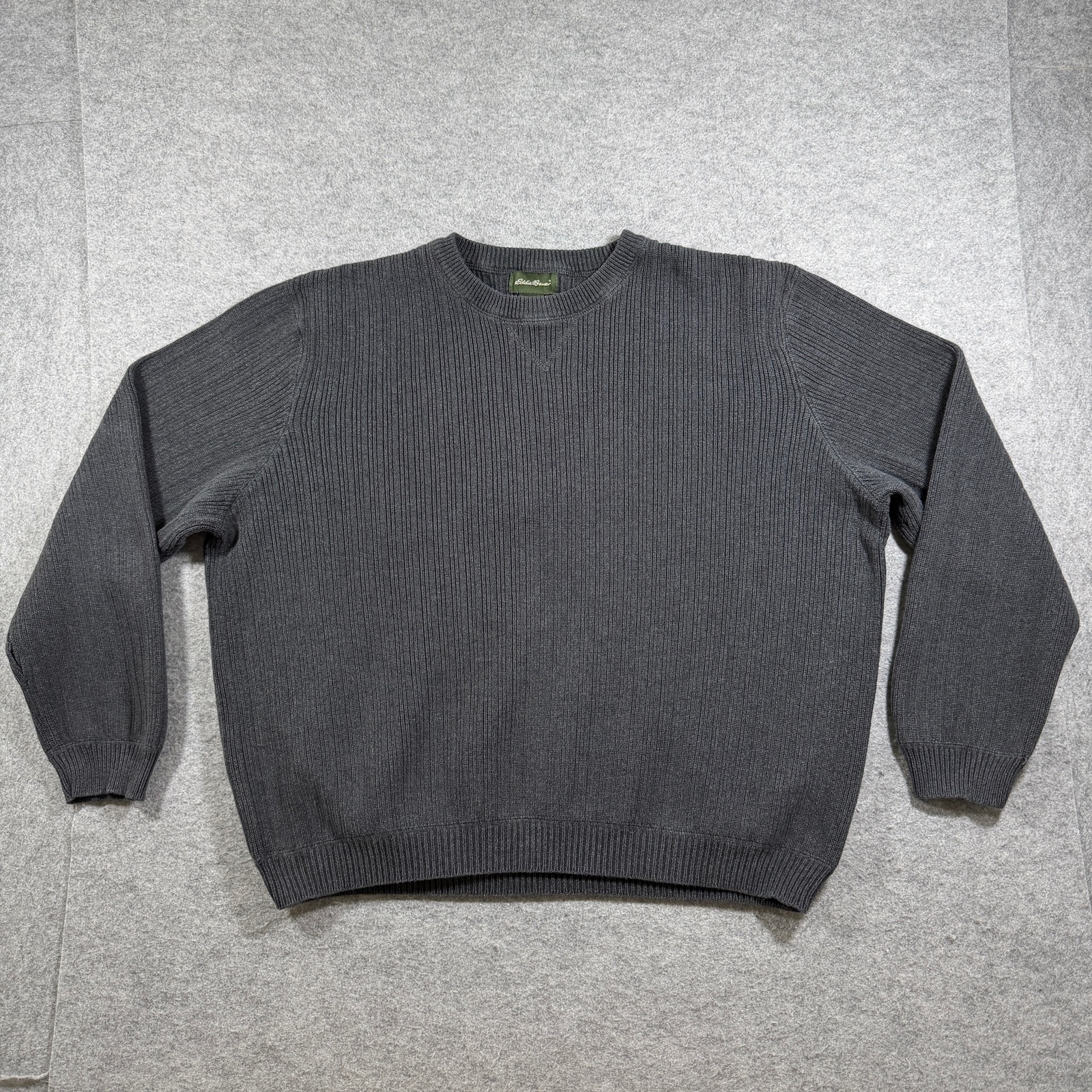 Vintage Eddie Bauer Sweater Mens L Charcoal Gray Crew Neck Cotton Ribb Knit Fall