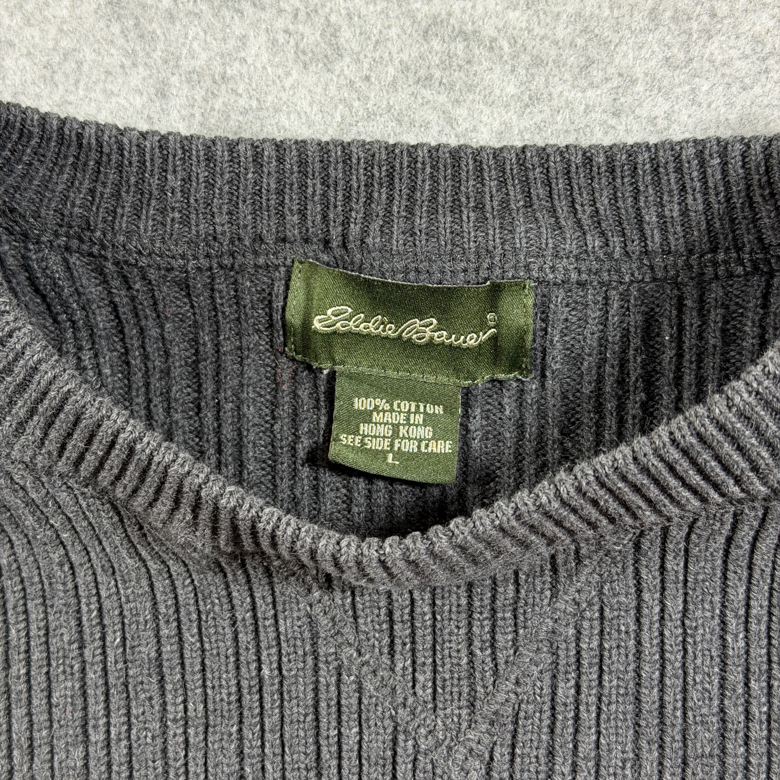 Vintage Eddie Bauer Sweater Mens L Charcoal Gray Crew Neck Cotton Ribb Knit Fall thumbnail 5