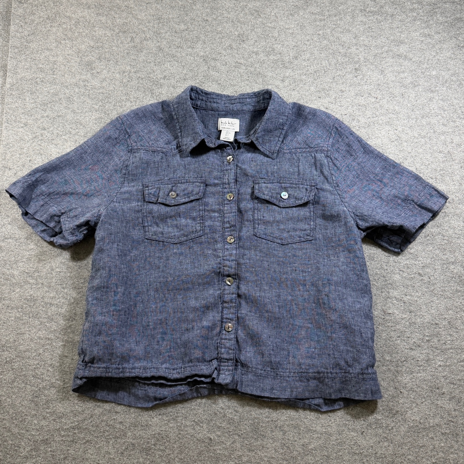 Nicole Miller New York Linen Shirt Womens L Chambray Blue Button Front Western