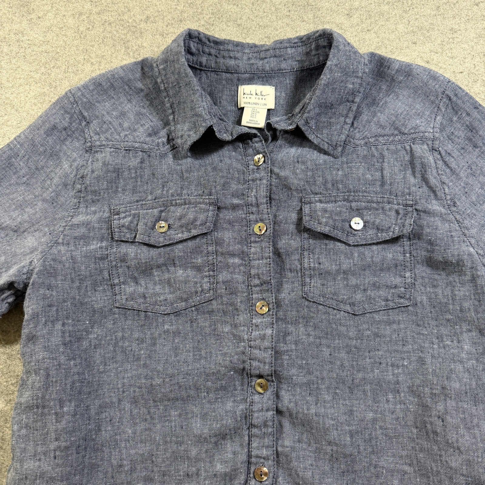 Nicole Miller New York Linen Shirt Womens L Chambray Blue Button Front Western thumbnail 3