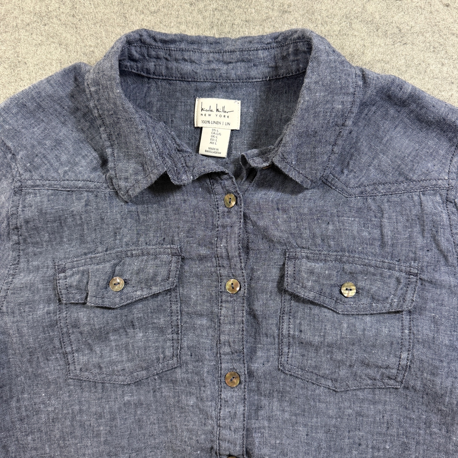 Nicole Miller New York Linen Shirt Womens L Chambray Blue Button Front Western thumbnail 4