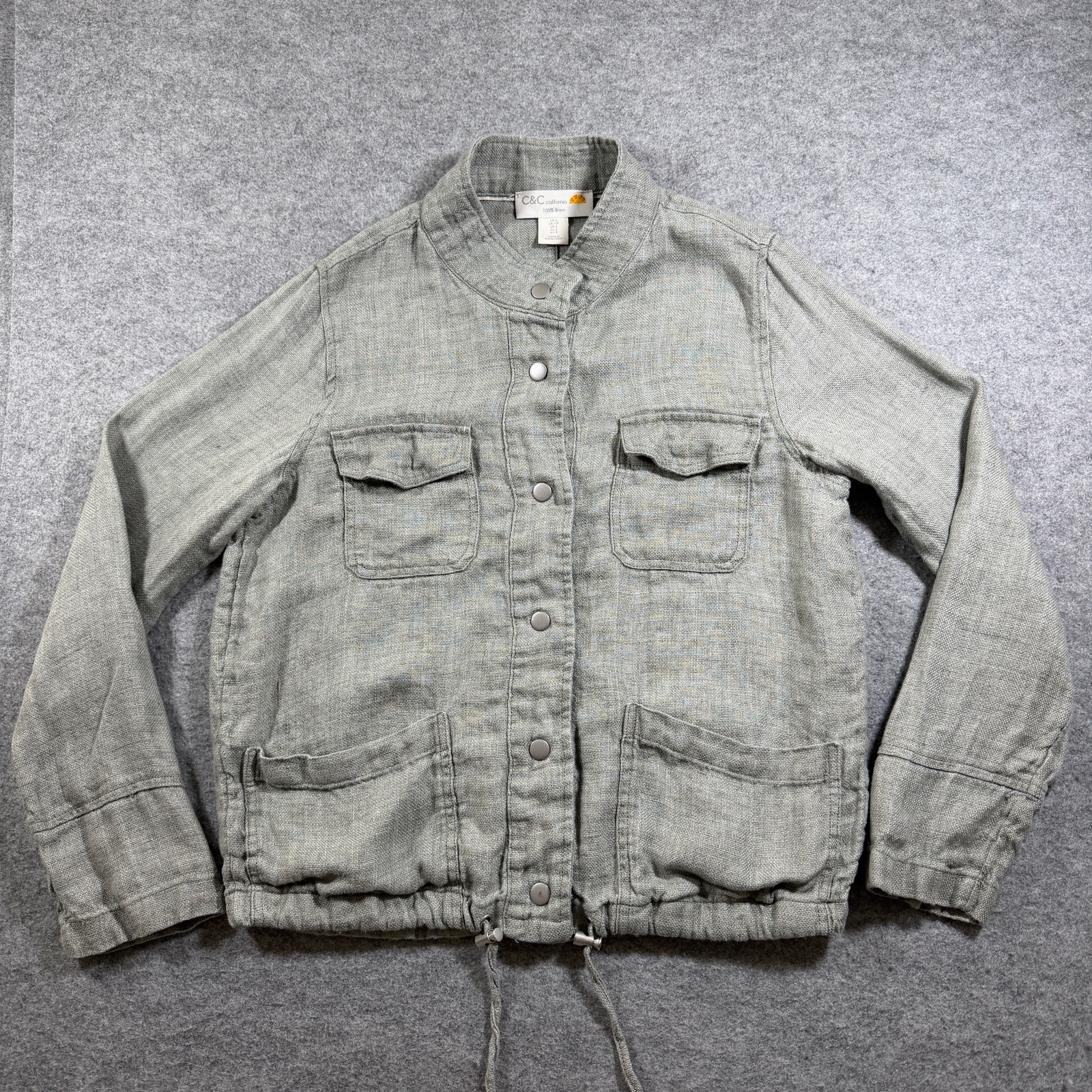 C&C California Linen Jacket Womens S Gray Mandarin Collar Snap Front Relaxed