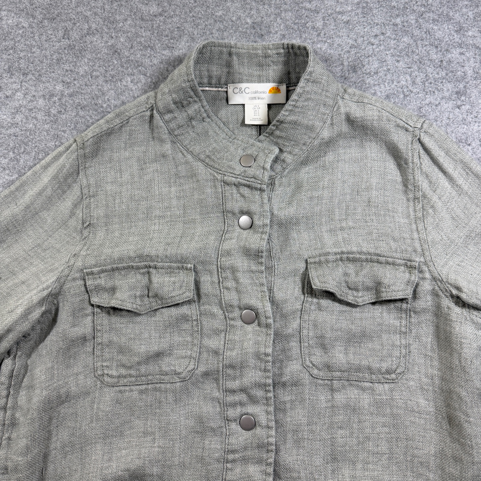 C&C California Linen Jacket Womens S Gray Mandarin Collar Snap Front Relaxed thumbnail 3