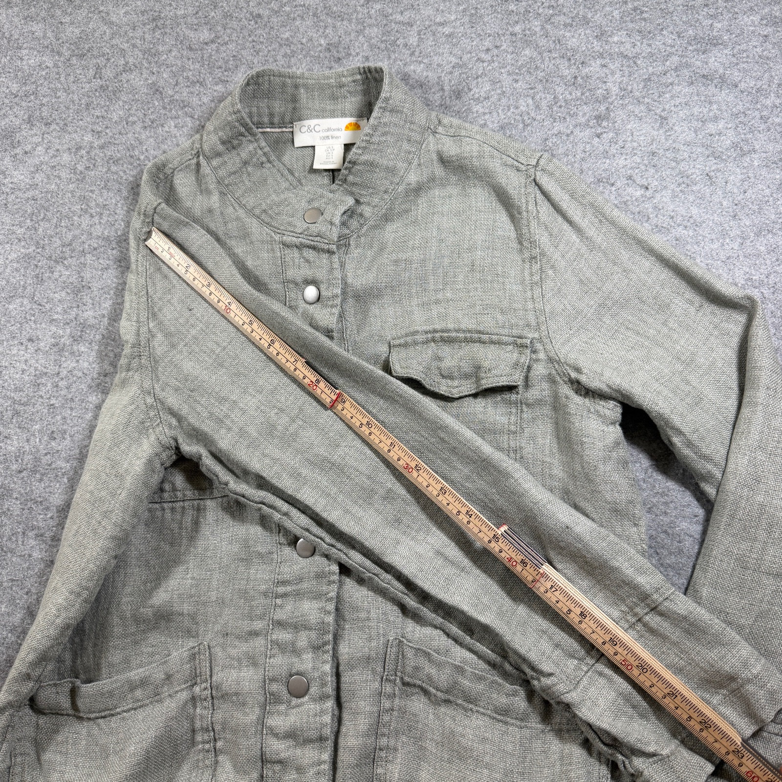 C&C California Linen Jacket Womens S Gray Mandarin Collar Snap Front Relaxed thumbnail 8