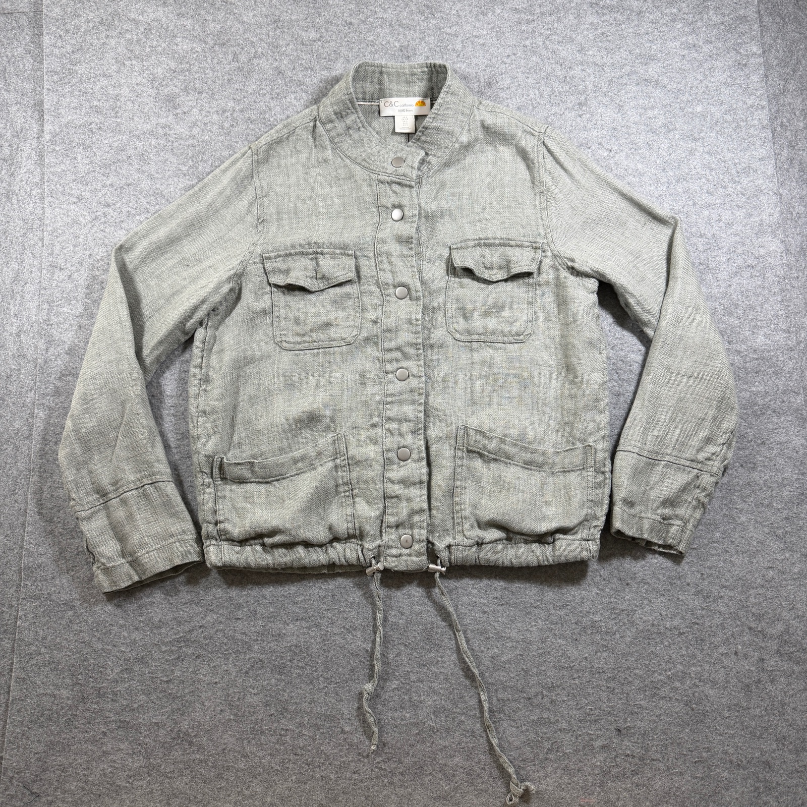 C&C California Linen Jacket Womens S Gray Mandarin Collar Snap Front Relaxed thumbnail 9