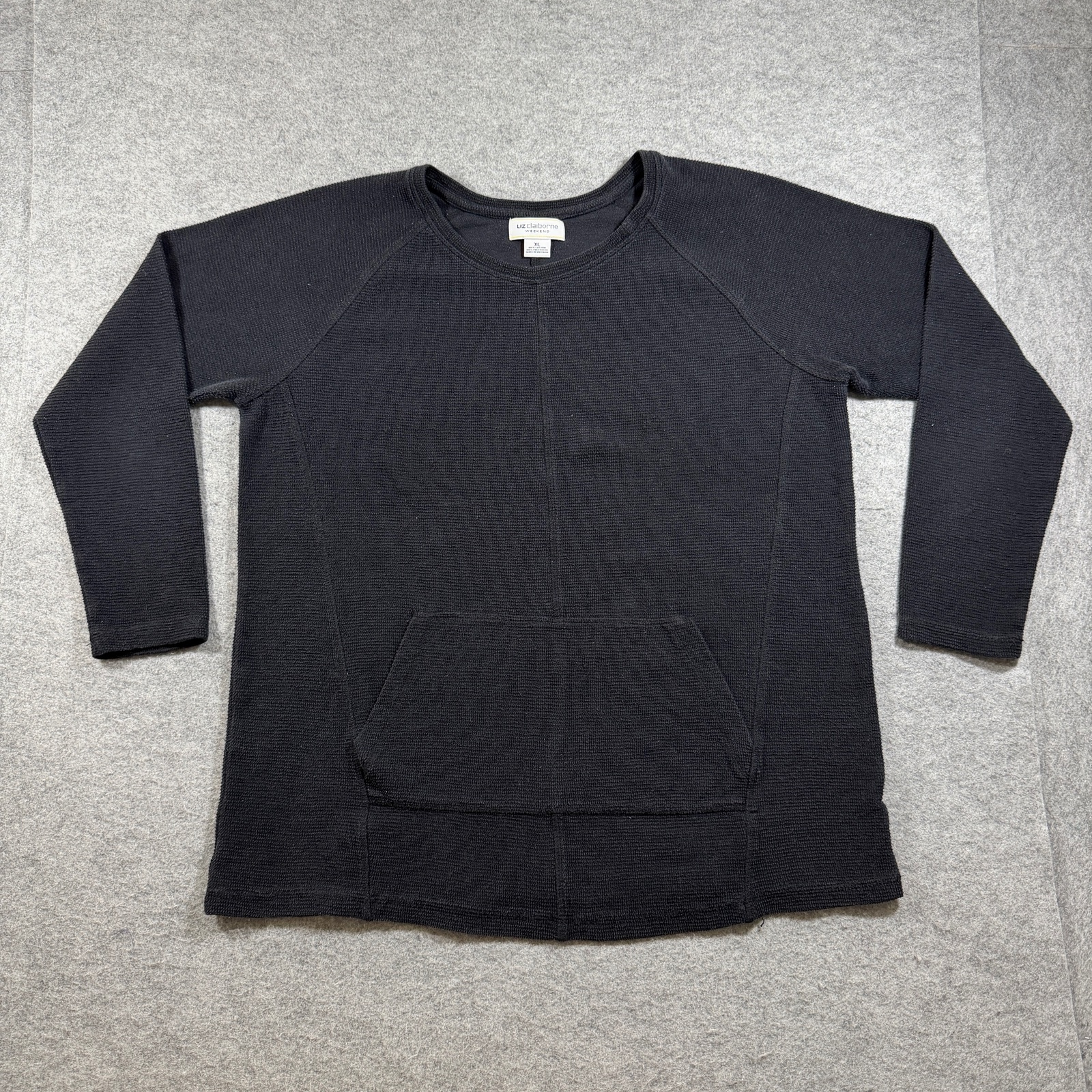 Liz Claiborne Weekend Sweater Women XL Black Waffle Knit Thermal Kangaroo Pocket