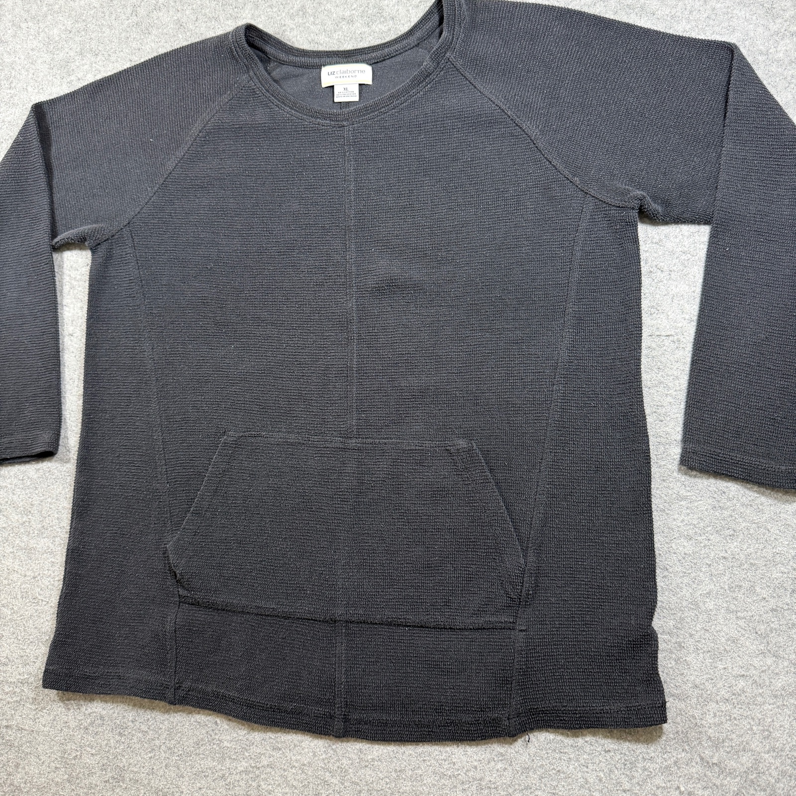 Liz Claiborne Weekend Sweater Women XL Black Waffle Knit Thermal Kangaroo Pocket thumbnail 5