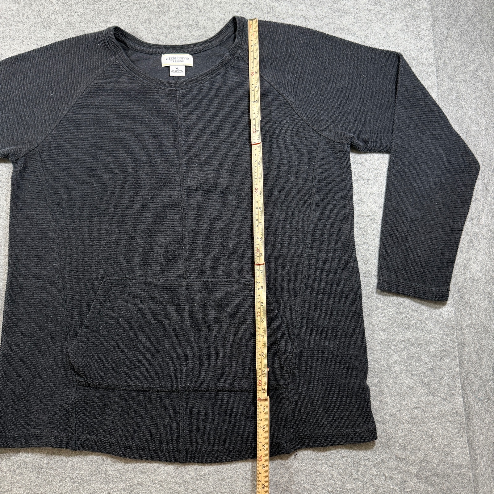 Liz Claiborne Weekend Sweater Women XL Black Waffle Knit Thermal Kangaroo Pocket thumbnail 6