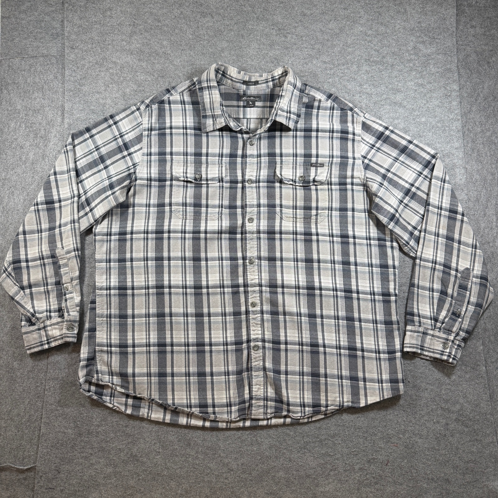 Eddie Bauer Flannel Shirt Mens XXL Gray Plaid Button Up Classic Fit Outdoor Work