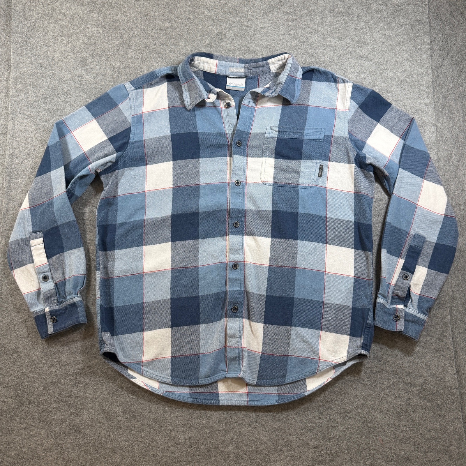 Columbia Flannel Shirt Mens L Blue Plaid Button Up Pocket Outdoor Workwear Hike