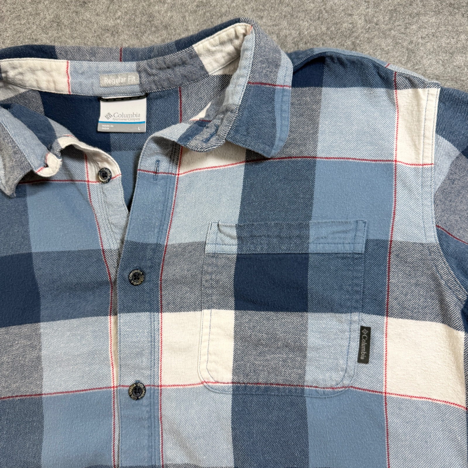 Columbia Flannel Shirt Mens L Blue Plaid Button Up Pocket Outdoor Workwear Hike thumbnail 4
