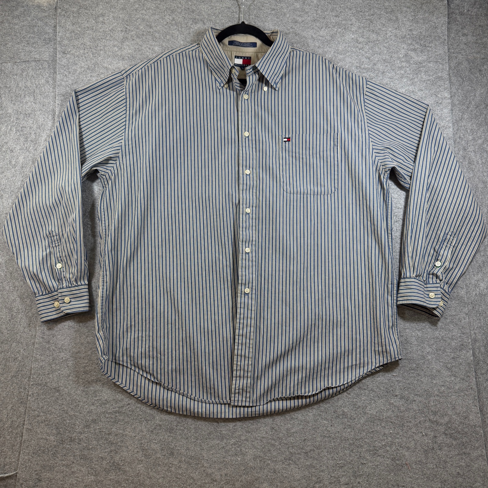 Vintage Tommy Hilfiger Button Down Shirt Mens XL Navy White Olive Striped Cotton