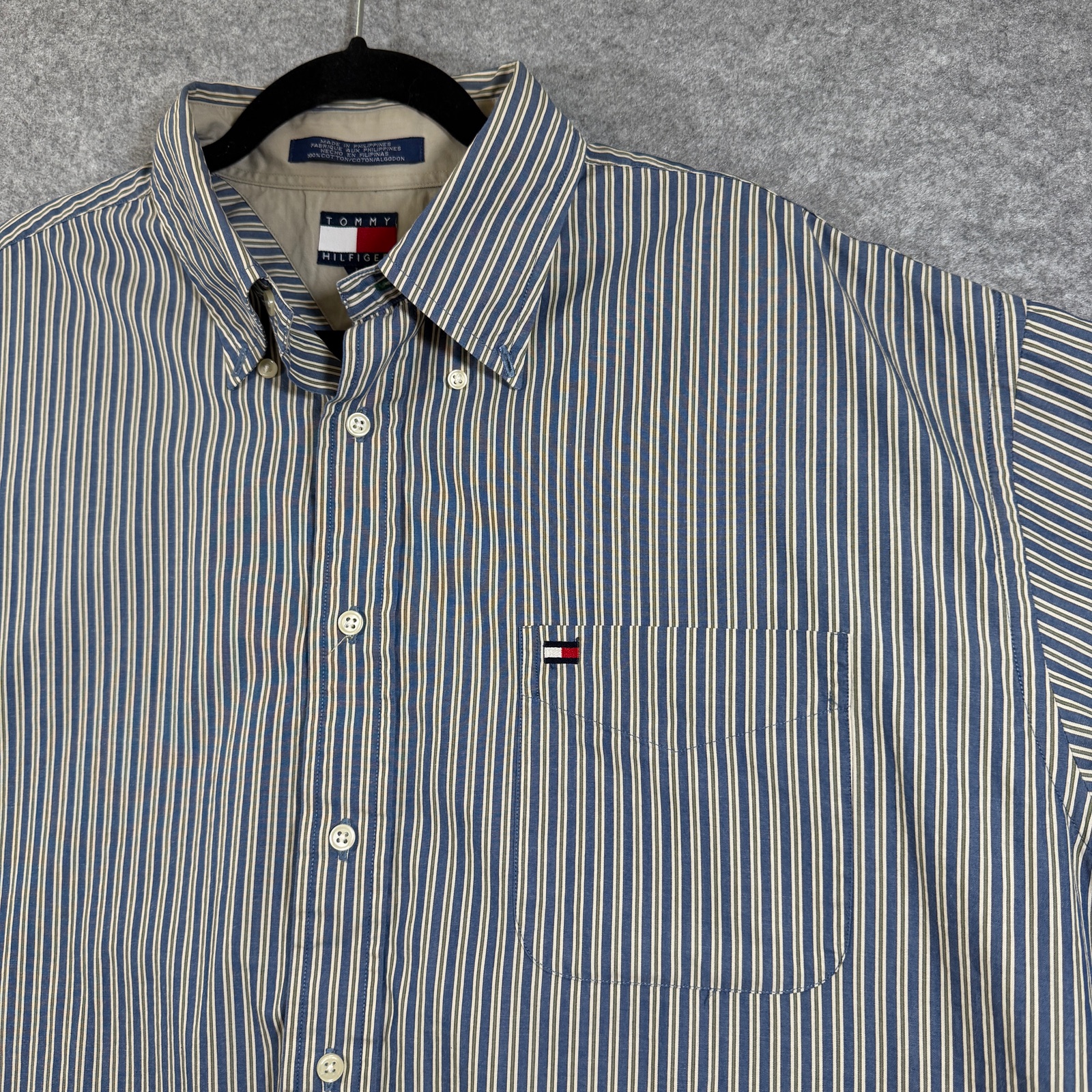 Vintage Tommy Hilfiger Button Down Shirt Mens XL Navy White Olive Striped Cotton thumbnail 3
