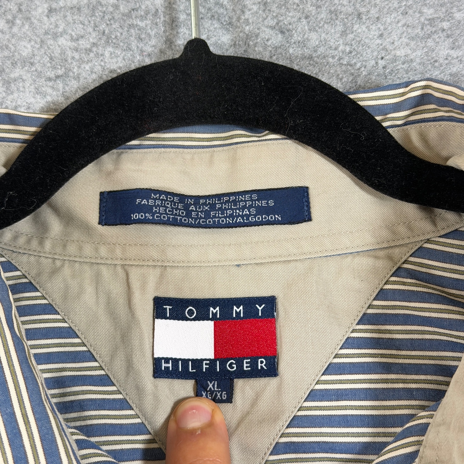 Vintage Tommy Hilfiger Button Down Shirt Mens XL Navy White Olive Striped Cotton thumbnail 4