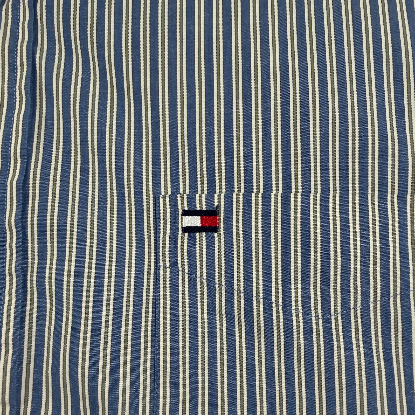Vintage Tommy Hilfiger Button Down Shirt Mens XL Navy White Olive Striped Cotton thumbnail 5
