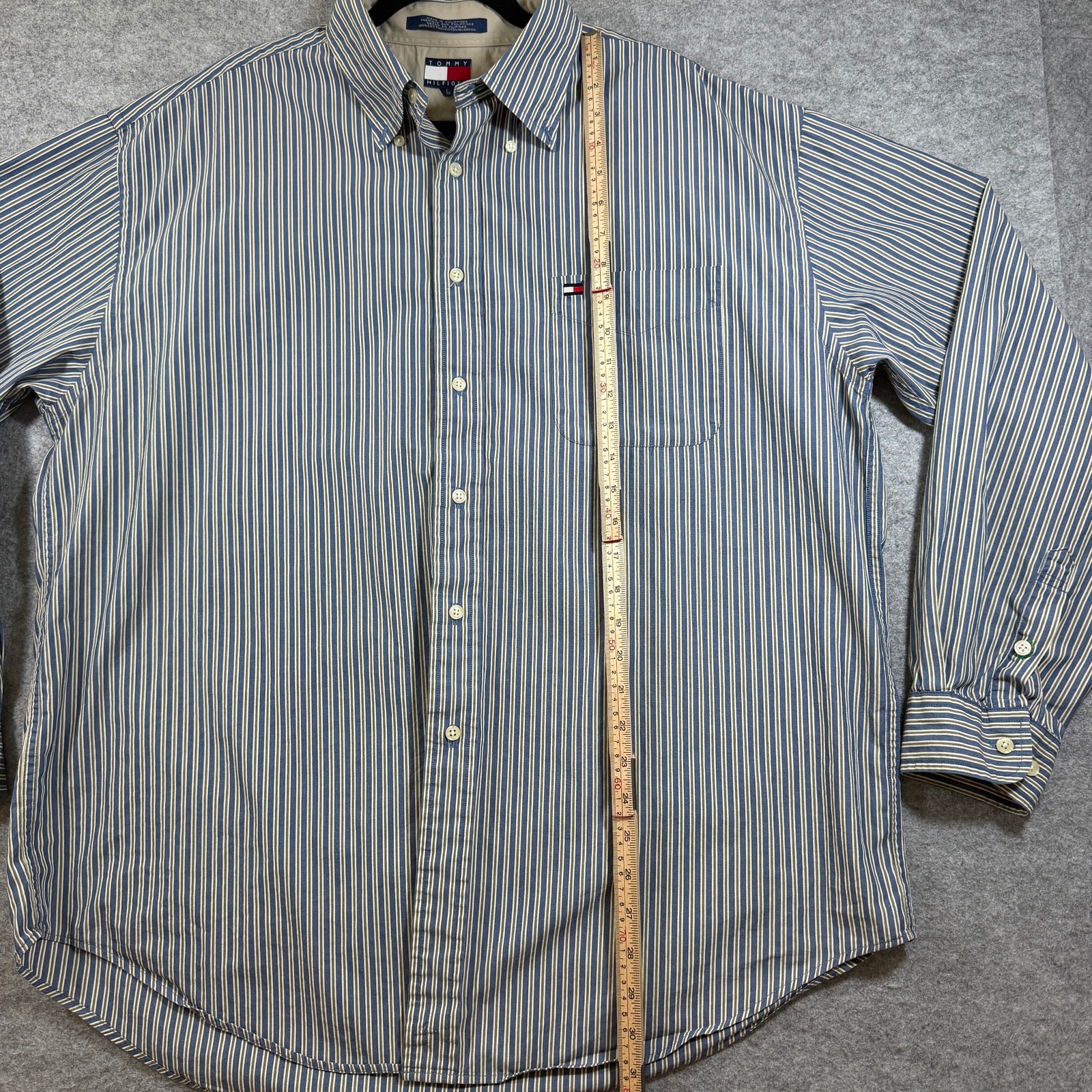 Vintage Tommy Hilfiger Button Down Shirt Mens XL Navy White Olive Striped Cotton thumbnail 6