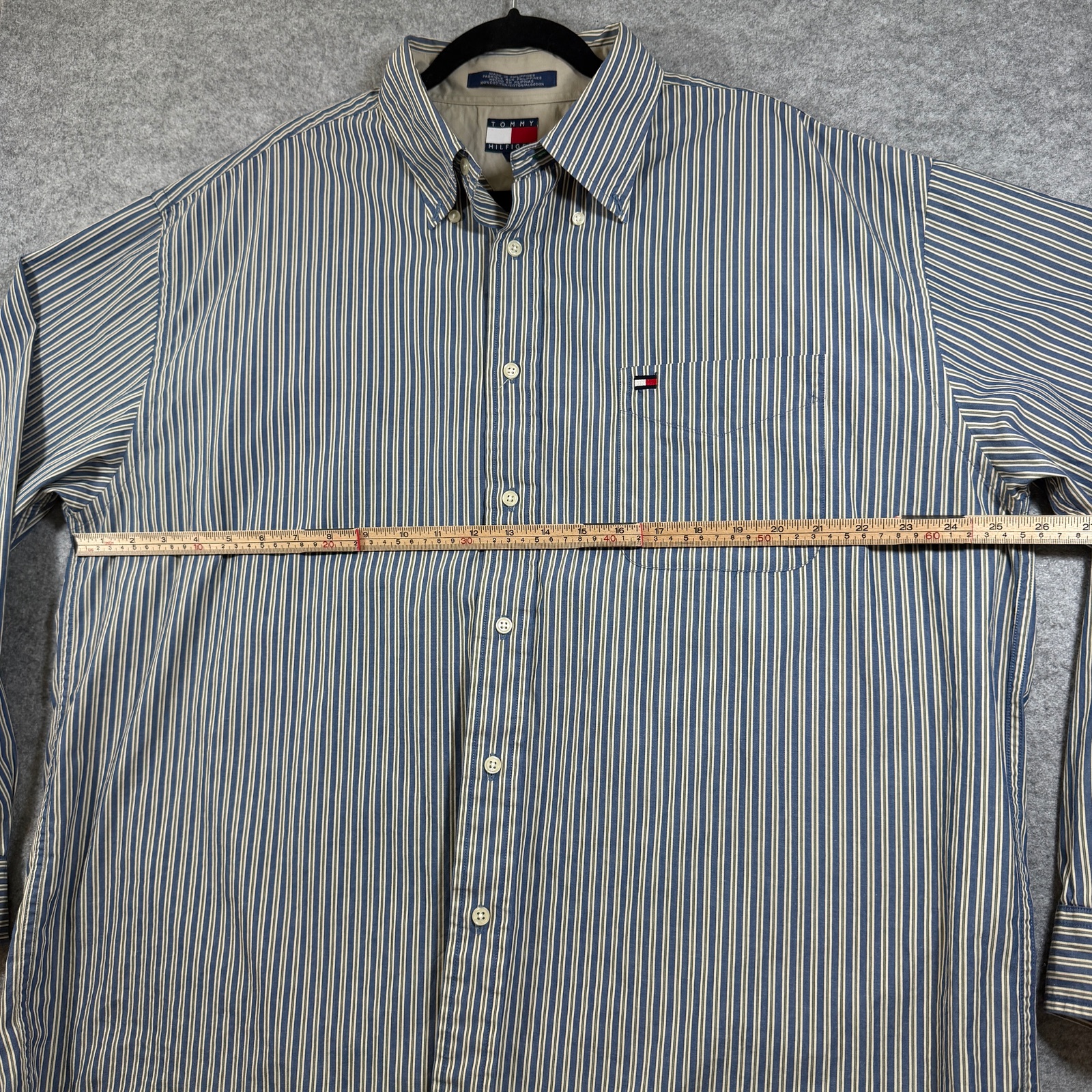 Vintage Tommy Hilfiger Button Down Shirt Mens XL Navy White Olive Striped Cotton thumbnail 7