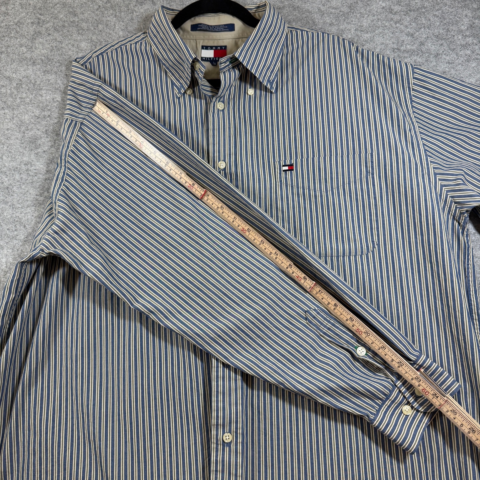 Vintage Tommy Hilfiger Button Down Shirt Mens XL Navy White Olive Striped Cotton thumbnail 8