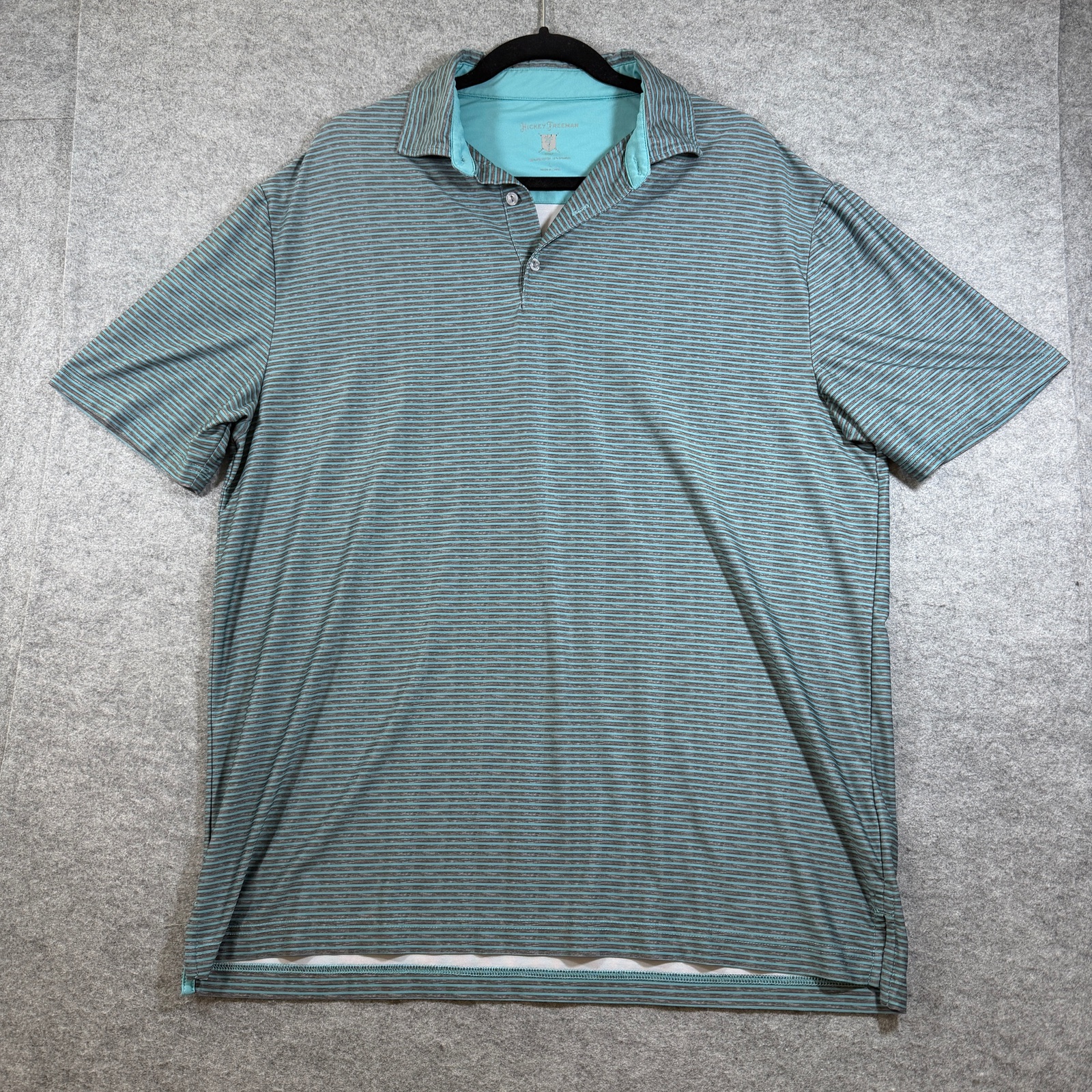 Hickey Freeman Golf Polo Mens L Teal Gray Striped Cool Touch Moisture Wicking