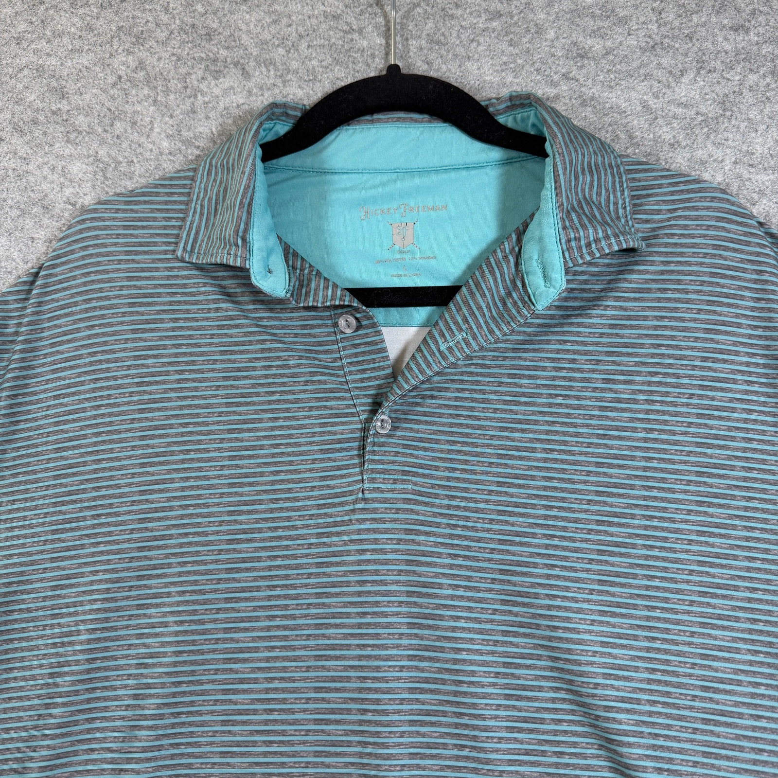 Hickey Freeman Golf Polo Mens L Teal Gray Striped Cool Touch Moisture Wicking  thumbnail 4