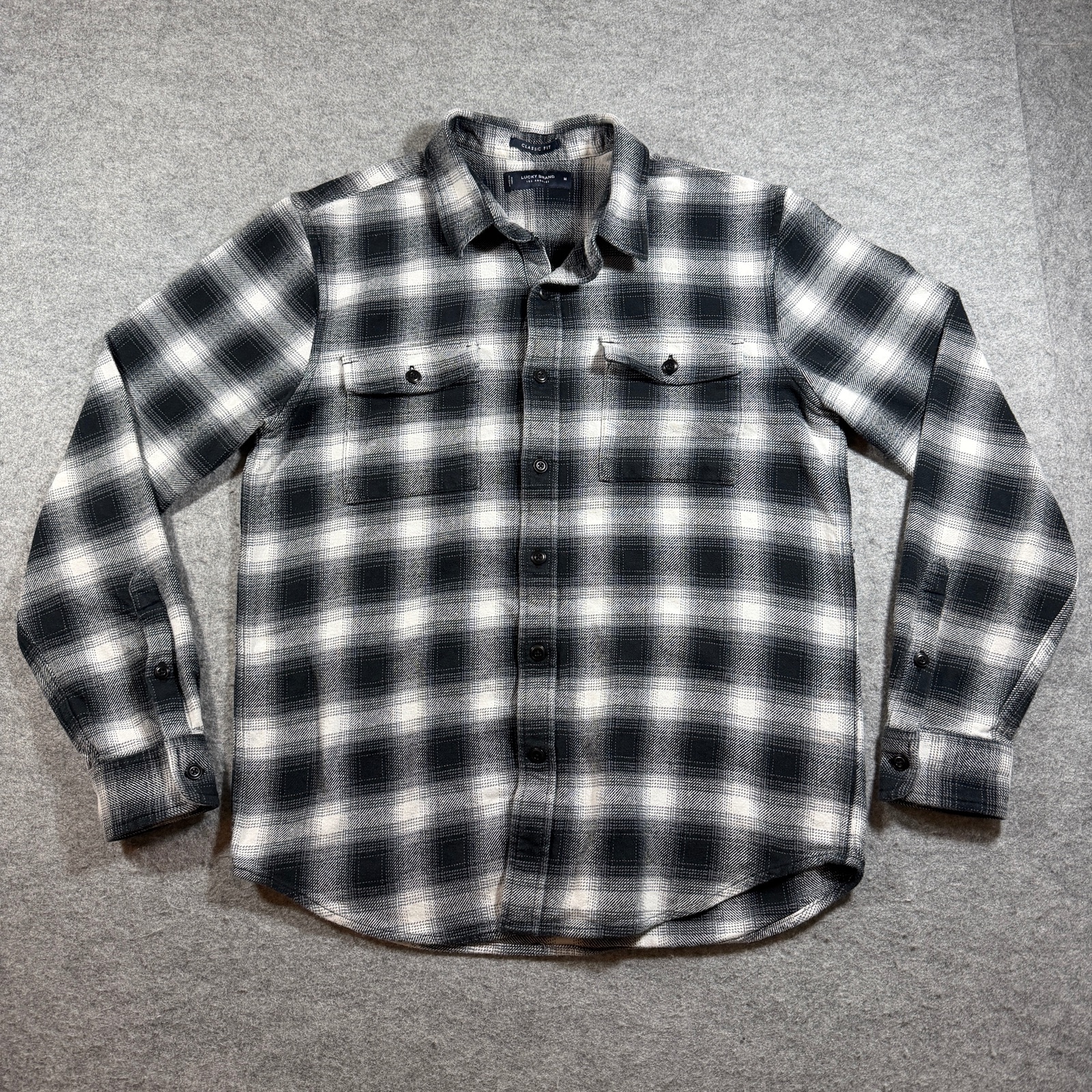 Lucky Brand Flannel Shirt Mens M Black White Buffalo Plaid Button Front Classic