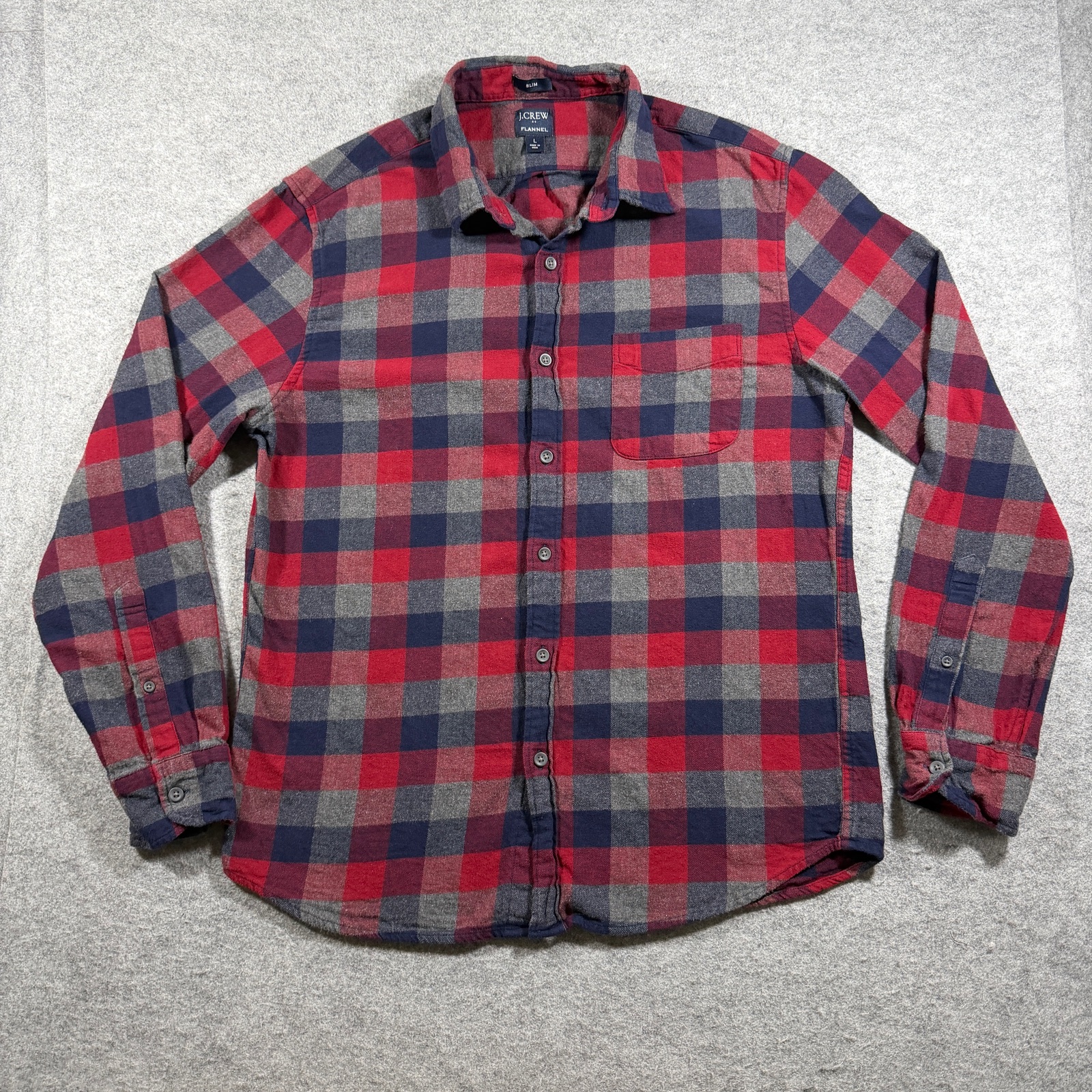 J.Crew Slim Flannel Shirt Mens L Red Navy Buffalo Plaid Cotton Button Down