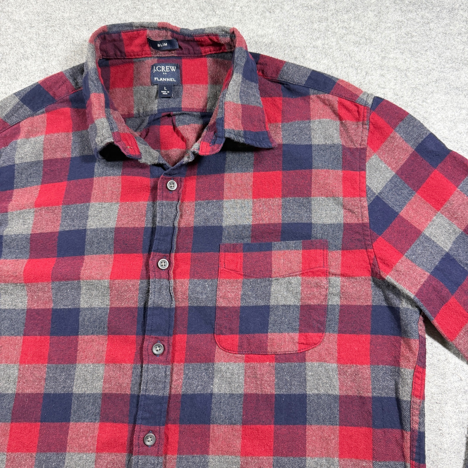 J.Crew Slim Flannel Shirt Mens L Red Navy Buffalo Plaid Cotton Button Down thumbnail 3
