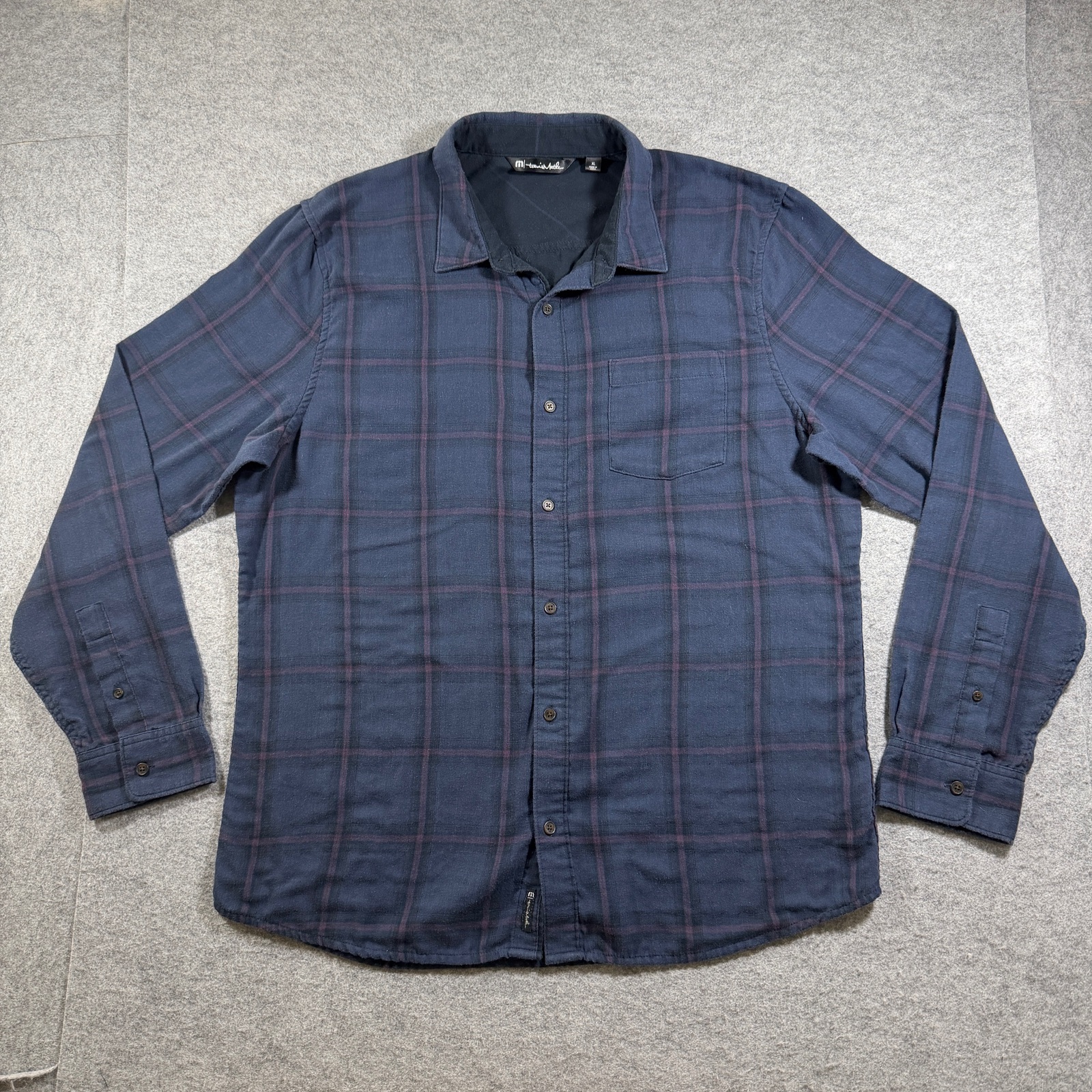 Travis Mathew Button Down Shirt Mens XL Navy Plaid Golf Classic Fit Cotton