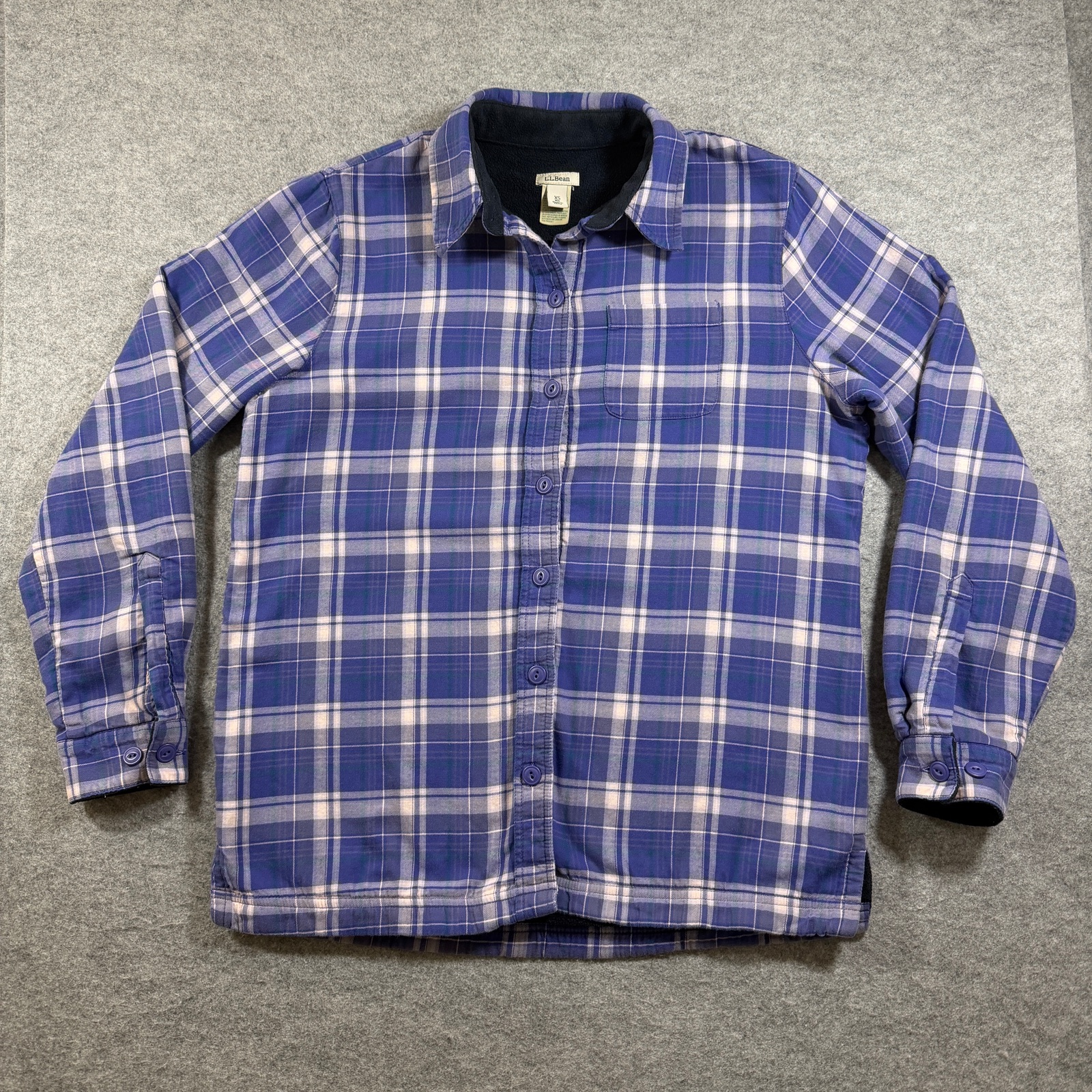 VTG L.L.Bean Flannel Shirt Jacket Womens XS Purple Plaid Fleece Lined Button Up