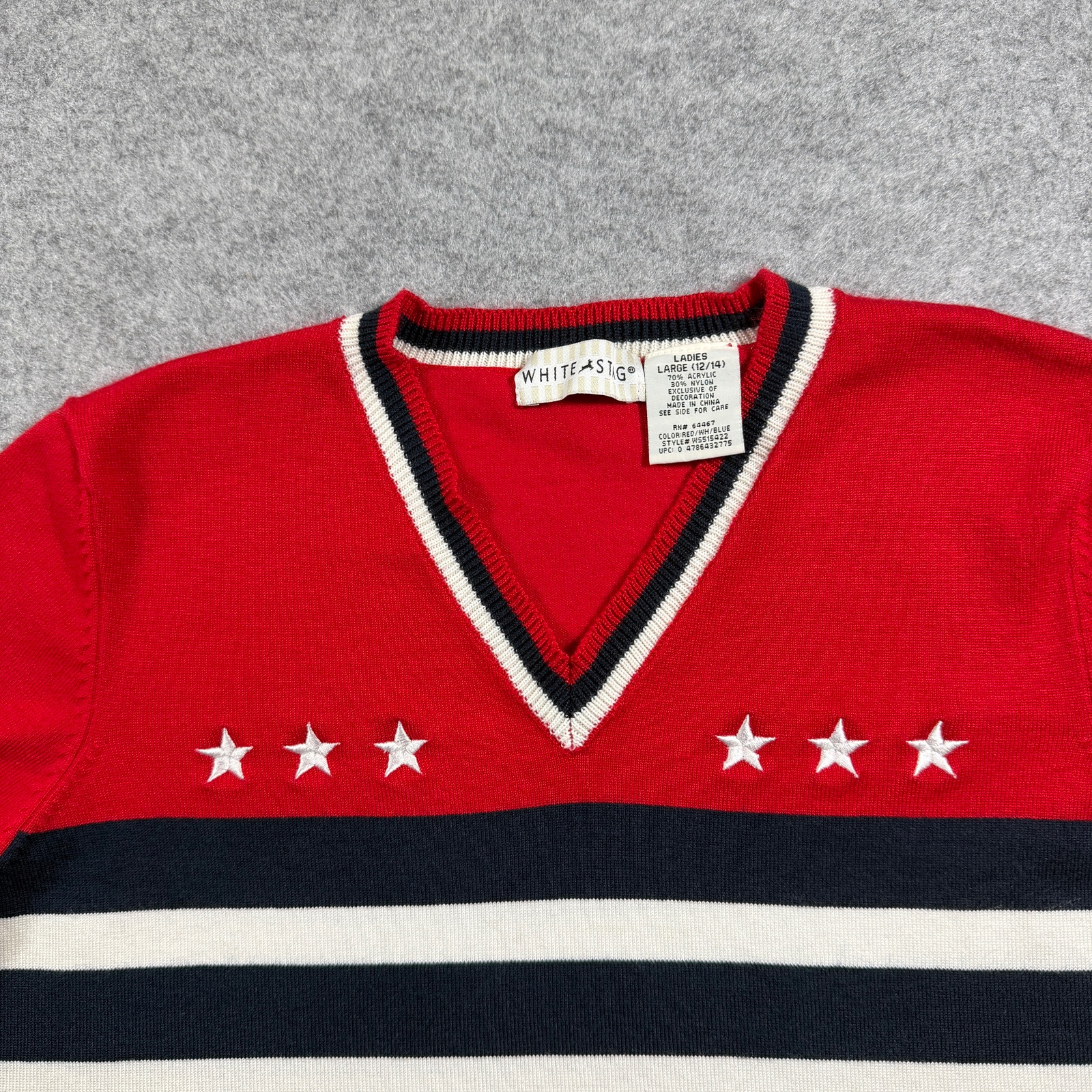 White Stag Vintage Sweater Womens Large Red Navy Star V-Neck Striped Fall Knit thumbnail 4