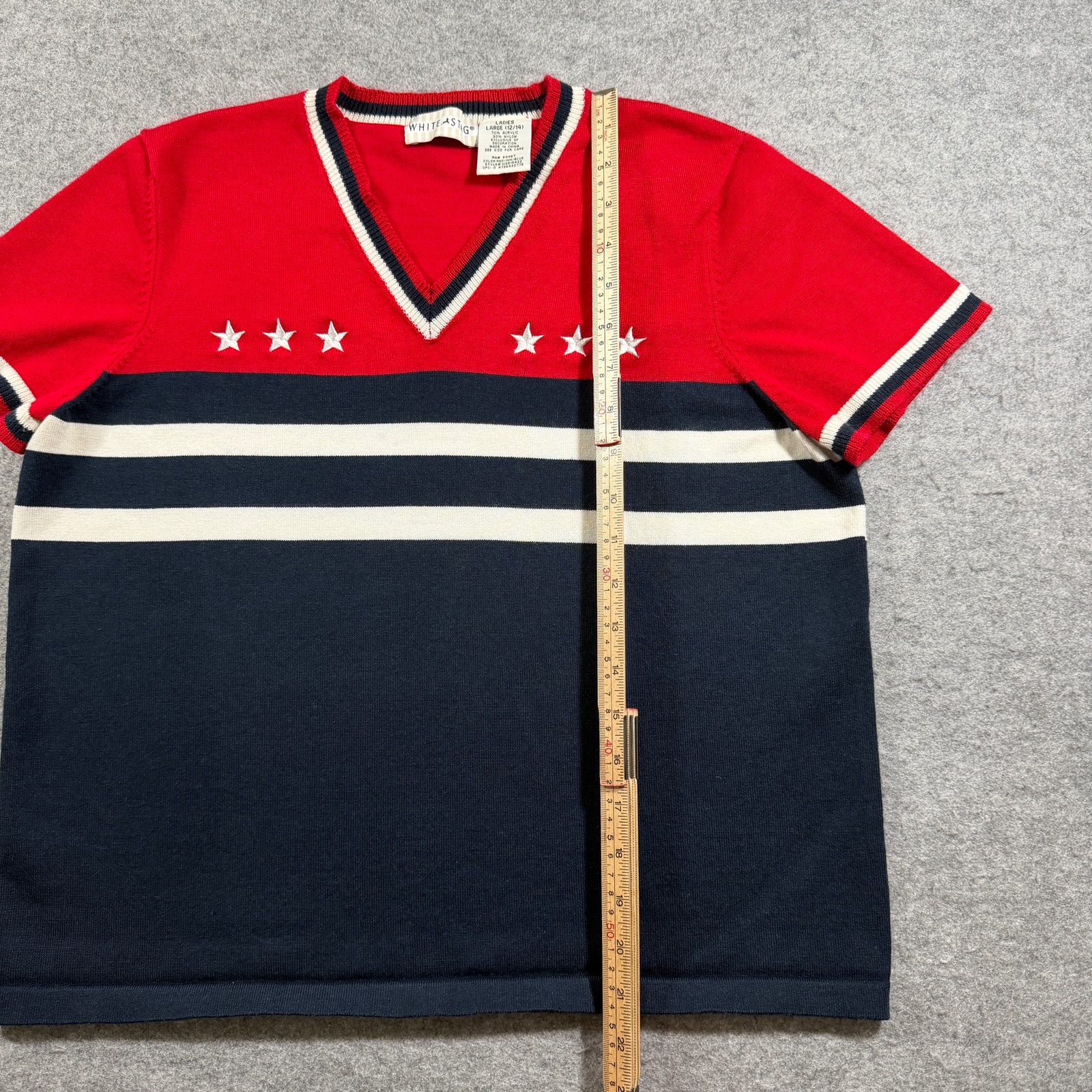 White Stag Vintage Sweater Womens Large Red Navy Star V-Neck Striped Fall Knit thumbnail 6