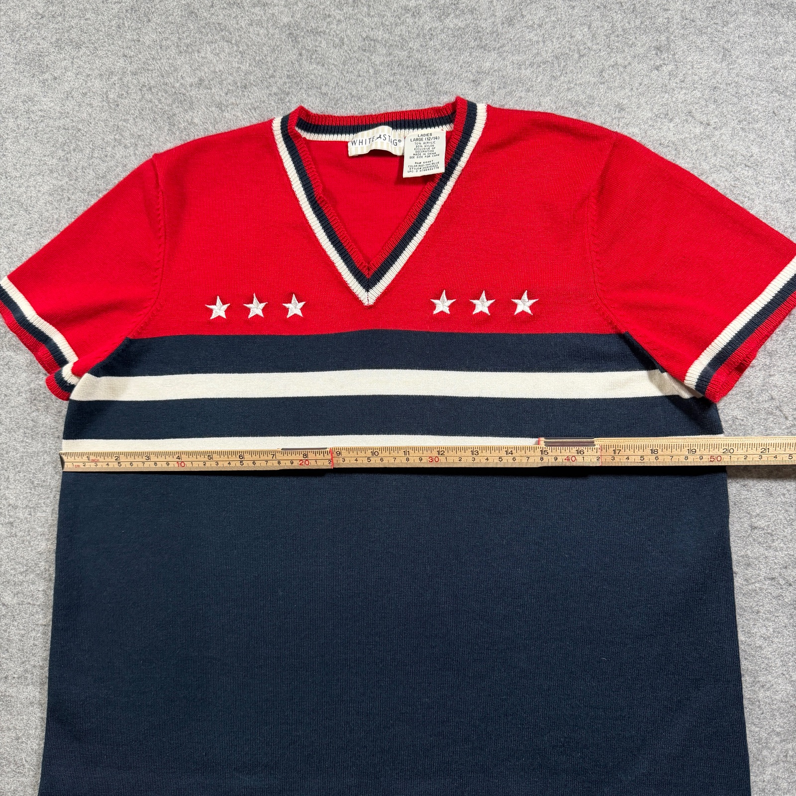 White Stag Vintage Sweater Womens Large Red Navy Star V-Neck Striped Fall Knit thumbnail 7
